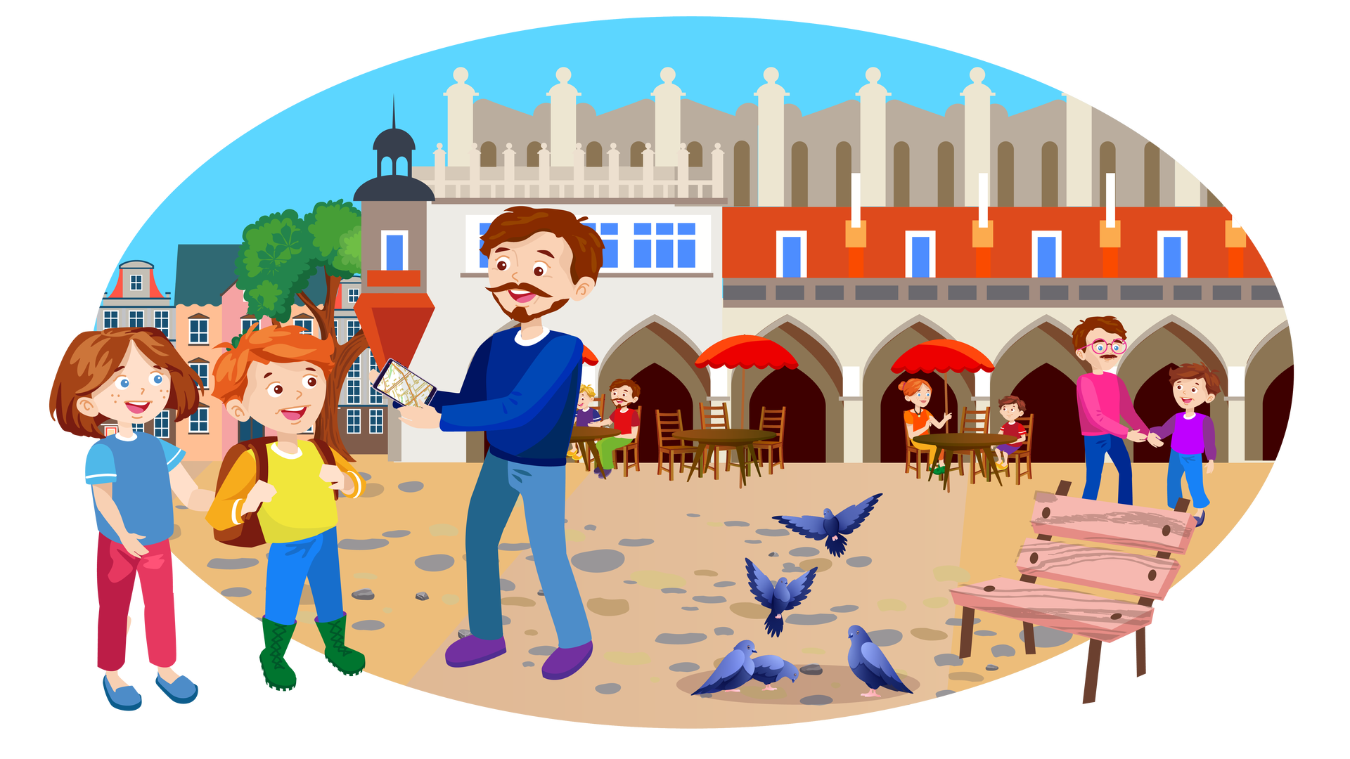 Ilustracja przedstawia plac w Krakowie. W tle widać błękitne niebo. Po lewej stronie jest rząd kolorowych kamienic, obok których rośnie pojedyncze drzewo liściaste. Po prawej stronie znajdują się krakowskie Sukiennice. Jest to podłużny beżowo‑pomarańczowy budynek z ozdobnymi łukami. Przed nim stoi kilka brązowych stolików i krzeseł. Siedzi tam kilka osób. Nad każdym ze stolików jest rozłożony czerwony parasol. Nieco bliżej, również po prawej stronie, stoi na placu mężczyzna z chłopcem. Mężczyzna ma brązowe włosy i krótkie brązowe wąsy. Jest ubrany w różowy sweter z długimi rękawami i długie granatowe spodnie. Na nosie ma okulary w okrągłych różowych oprawkach. Wyciąga ręce w kierunku chłopca. Chłopiec również ma brązowe włosy. Jest ubrany w fioletową bluzę z długimi rękawami, długie niebieskie spodnie i granatowe buty. Uśmiecha się do mężczyzny. Na pierwszym planie stoi drewniana ławka, obok której znajduje się kilka gołębi. Niektóre dziobią ziarna rozsypane na placu, a inne wzbijają się od lotu. Po lewej stronie stoją Maja i Franek z tatą. Maja jest ubrana w niebieską koszulkę z krótkimi błękitnymi rękawami, długie ciemnoróżowe spodnie i ciemnoniebieskie buty. Franek jest ubrany w żółtą bluzę z długimi pomarańczowymi rękawami, długie niebieskie spodnie i wysokie ciemnozielone buty. Na plecach niesie brązowy plecak. Tata jest ubrany w granatową bluzę z długimi rękawami, niebieskie spodnie i fioletowe buty. W prawej ręce trzyma telefon, na ekranie którego wyświetla się mapa.