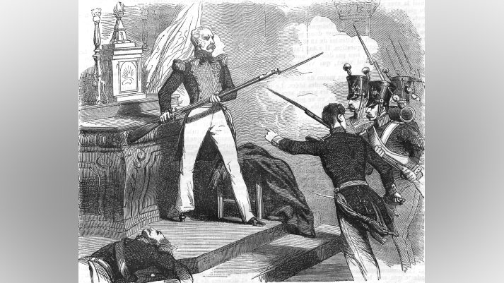 Obraz przedstawia wnętrze kościoła. Przy ołtarzu trwa walka generała Sowińskiego z żołnierzami rosyjskimi. Żołnierze napierają na generała. On broni się karabinem z bagnetem.