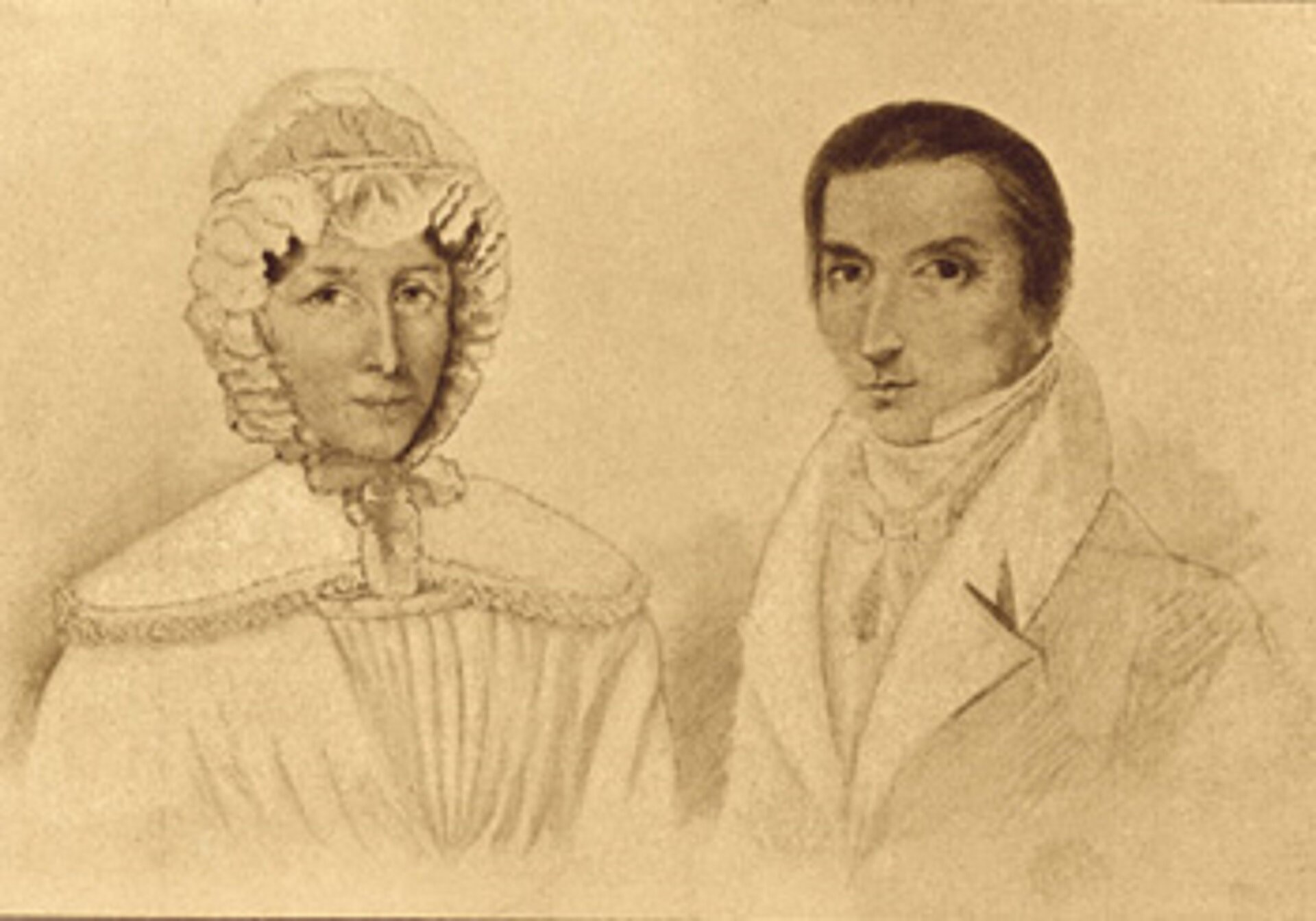 Na portrecie widoczni są rodzice Fryderyka Chopina - Justyna i Mikołaj Chopinowie. Kobieta po lewej stronie ma poważną twarz. Ubrana jest w sukienkę, na głowie założony ma czepiec z falbaną, który wiązany jest pod szyją. Mężczyzna również z poważna miną, włosy w kolorze brązowym zaczesane do tyłu. Ubrany jest w koszulę, żabot i marynarkę.