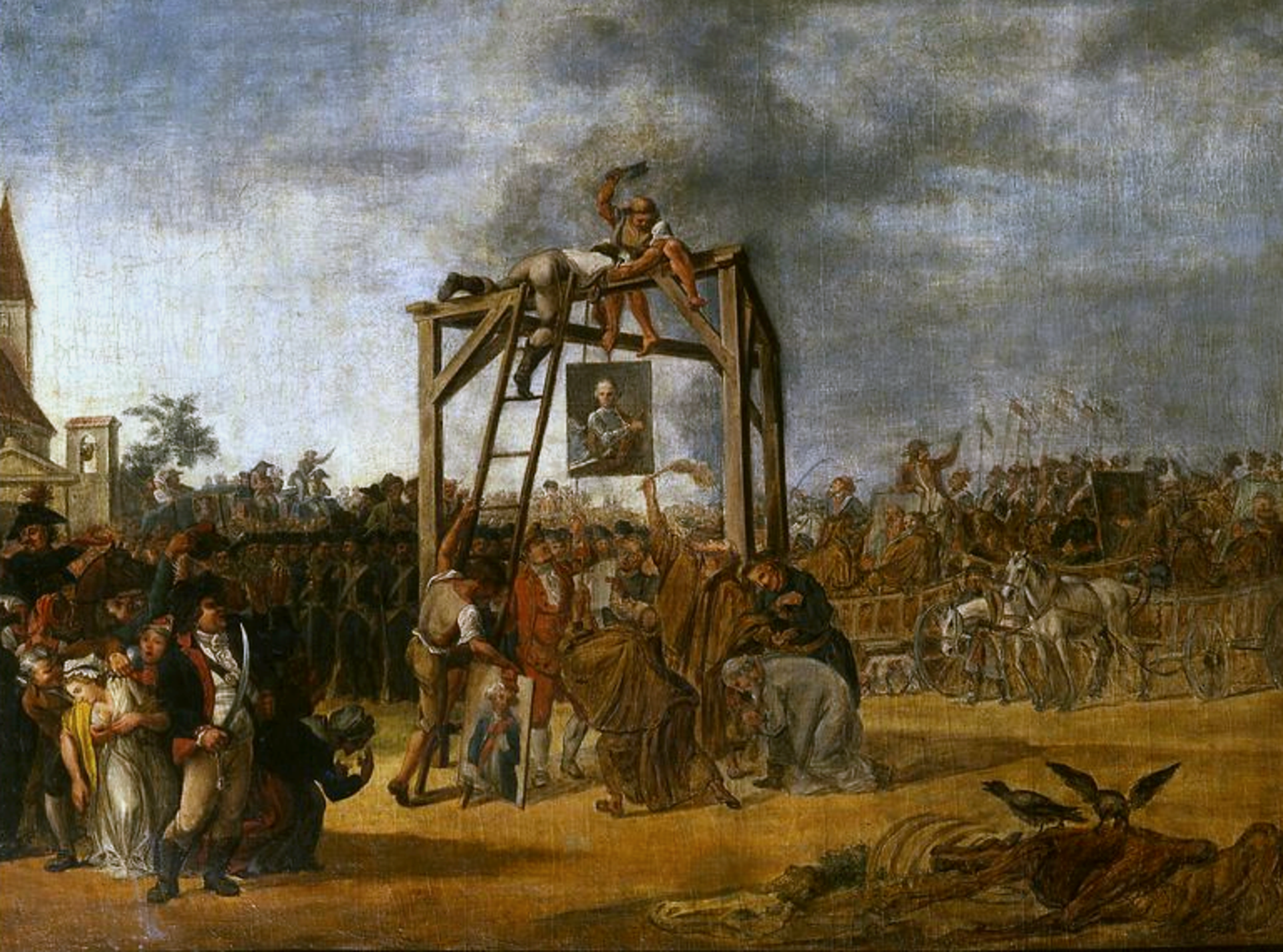 Obraz przedstawiający wieszanie portretów zdrajców. Grupa ludzi buduje szafot, a na szubienicy pod nim wisi czyjś portret.