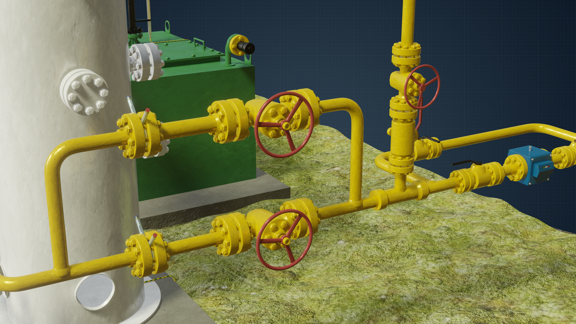 Na rysunku znajduje się animowany fragment części odcinka na którym znajduje się układ zasuw do syfonowania odwiertu ze zwężką redukcyjną produkcyjną i zwężką do syfonowania na obiegu. Syfonowanie odwiertu to czynności, których efektem jest zwiększenia przepływu ropy naftowej lub gazu ziemnego ze złoża do odwiertu. W centralnej części rysunku widać zamknięty układ dwóch rur tworzący kształt kwadratu. Na środku górnej rury oraz dolnej rury znajduje się połączenia kołmnierzowe czyli dwa przeciwległe współosiowe kołnierze połączone co najmniej czterema śrubami, pomiędzy którymi znajduje się duże czerwone pokrętło. Wylot rury znajdujący się za fragmentem w którym górna cześć układu rur uległa połączeniu z dolną nitką, prowadzi do dalszego fragmentu którym jest odcinek pomiary. Za rurami znajduje się szary cylidryczny kształt. Jest to separator który wykorzystywanym jest do rozdziału fazy gazowej od ciekłej 