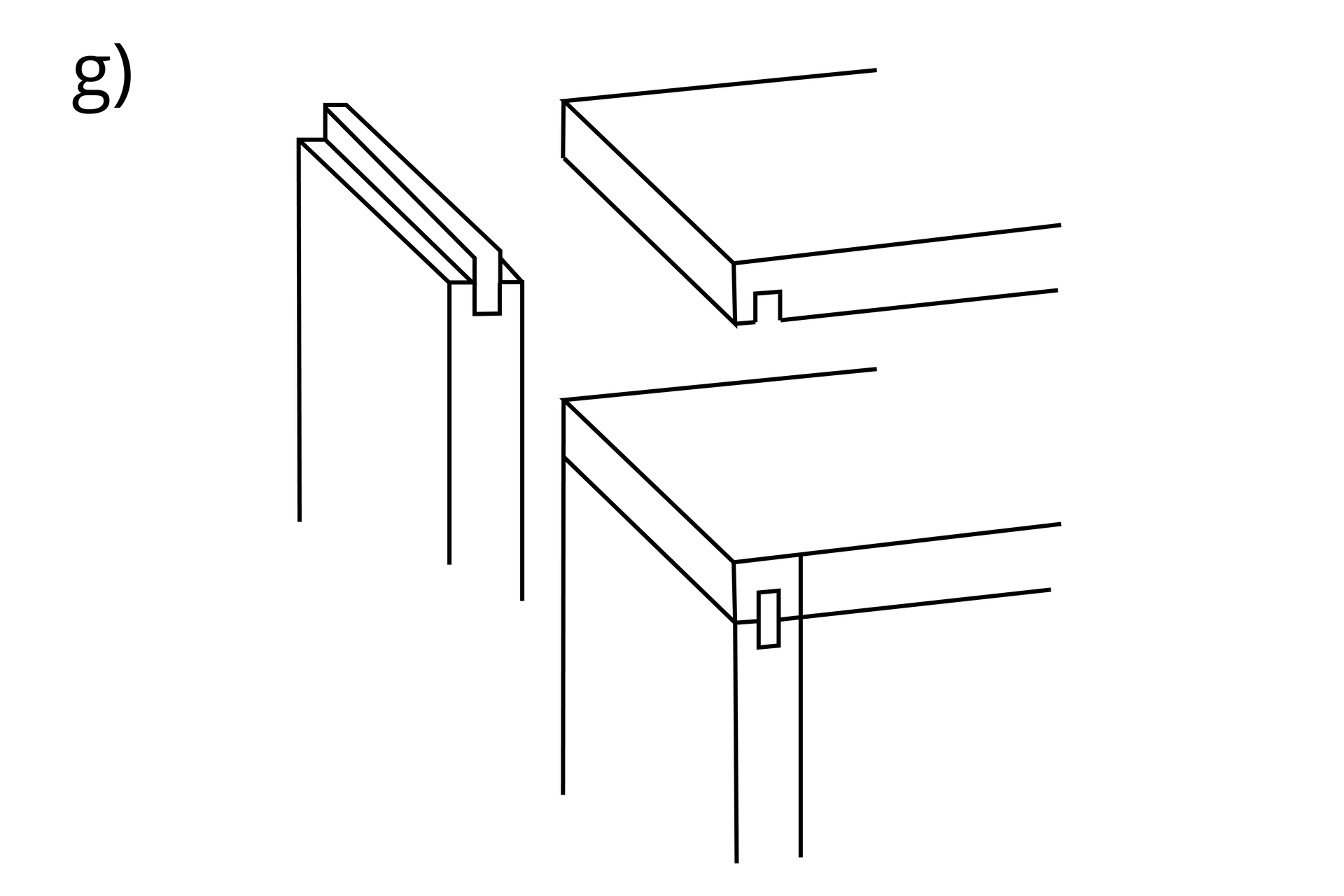 Ilustracja ukazuje dwa rysunki złącza wpustkowego prostego. Jest to połączenie narożnikowe ścienne – szerokie elementy łączą się pod kątem prostym. Pierwszy rysunek przedstawia dwa łączone elementy. W jednym elemencie w miejscu łączenia znajduje się podłużny wypust na całej szerokości płyty, w drugim zaś odpowiadające wypustowi wycięcie. Drugi rysunek ukazuje połączone elementy.
