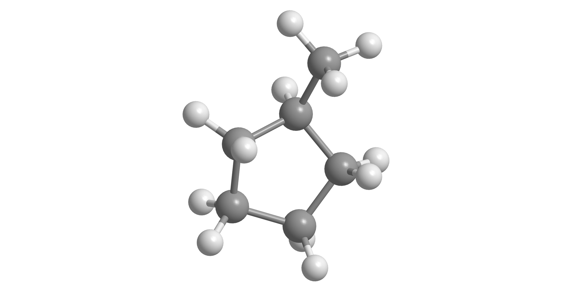 Ilustracja przedstawiająca model kulkowo‑pręcikowy cząsteczki metylocyklopentanu, w którym atomy węgla reprezentowane przez duże, szare kulki, atomy wodoru przez małe, białe, a wiązania pojedyncze przez pręciki łączące odpowiednie kulki. Cząsteczkę metylocyklopentanu stanowi pięcioczłonowy pierścień zbudowany z pięciu atomów węgla, z których cztery podstawione są każdy dwoma atomami wodoru, a jeden łączy się z grupą metylową CH3.