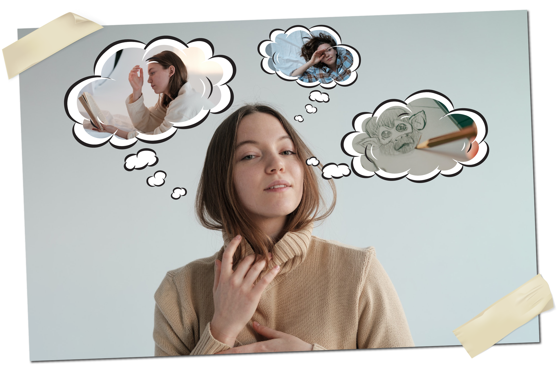 Ilustracja przedstawia młodą kobietę z długimi włosami, w kremowym golfie na tle jasnoszarej ściany. Nad nią widać trzy chmurki z ze zdjęciami – w pierwszej z prawej strony fotografia kobiety zwróconej profilem do obiektywu. W lewej ręce trzyma książkę, a prawą rękę zbliża do głowy. Na drugim zdjęciu znajduje się leżąca w białej pościeli kobieta w kraciastej piżamie przecierająca prawą dłonią oko. Na trzecim zdjęciu widać głowę małpy naszkicowanej ołówkiem na kartce papieru. 