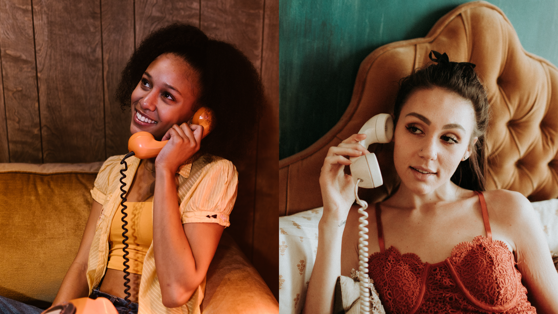 Ilustracja składająca się z dwóch zdjęć przedstawiających dwie kobiety rozmawiające przez telefon. Zdjęcie po lewej przedstawia młodą, uśmiechnięta  kobietę z ciemnymi włosami. Kobieta siedzi na kanapie, przy uchy trzyma słuchawkę telefonu stacjonarnego starego typu z przewodem. Po prawej na zdjęciu znajduje się młoda kobieta, która siedzi na łóżku. Przy uchu trzyma słuchawkę telefonu stacjonarnego starego typu z przewodem.
