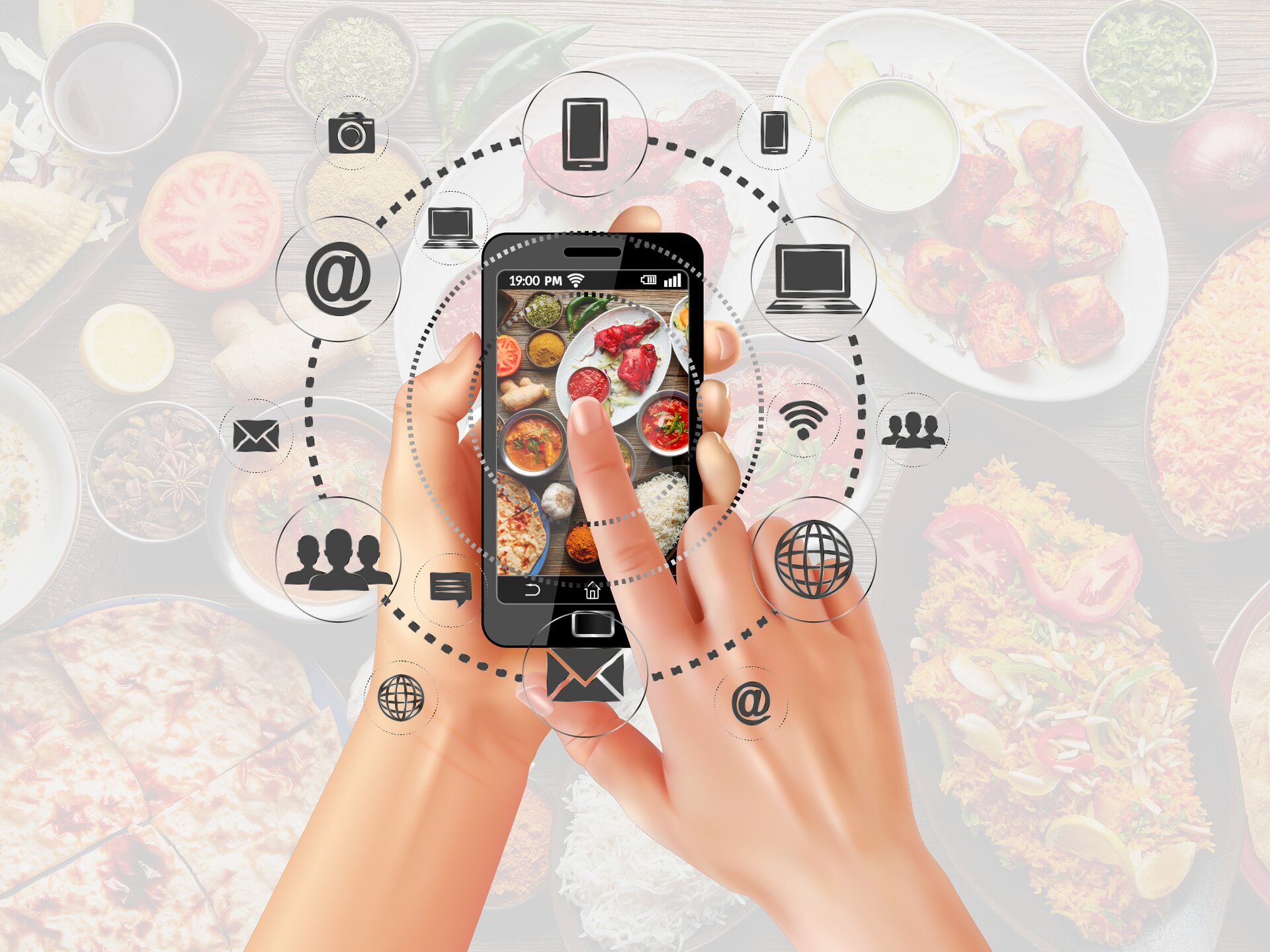 Ilustracja przedstawia trzymany w lewej dłoni telefon typu smartfon, na ekranie którego wyświetlone jest zdjęcie różnych potraw. Palec wskazujący prawej dłoni dotyka wyświetlacza telefonu. Na zdjęcie została nałożona grafika przedstawiająca trzy koncentryczne okręgi z przerywanych linii, na których oraz pomiędzy którymi widoczne są różne znaczki i ikony, w tym: znaczek małpy z adresu e‑mail; znaczek zamkniętej koperty symbolizującej wiadomość, ikona sieci internetowej, ikona laptopa, telefonu, społeczności, ikona sygnału internetu. W tle widoczne jest rozmyte zdjęcie przedstawiające różne produkty spożywcze i dania.
