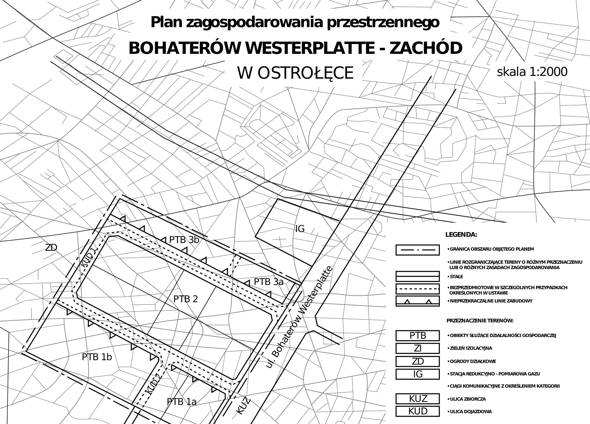 Grafika przedstawia plan zagospodarowania przestrzennego przy ulicy Bohaterów Westerplatte - Zachód w Ostrołęce w skali jeden do dwóch tysięcy. Zaznaczone są obiekty służące działalności gospodarczej, zieleń izolacyjna, ogrody działkowe, stacja redukcyjno‑pomiarowa gazu, ciągi komunikacyjne z określeniem kategorii, ulica zbiorcza, ulica dojazdowa. Wyznaczone są też granice obszaru objętego planem, linie rozgraniczające tereny o różnym przeznaczeniu lub o różnych zasadach zagospodarowania: stałe, bezprzedmiotowe w szczególnych przypadkach określonych w ustawie, nieprzekraczalne linie zabudowy.