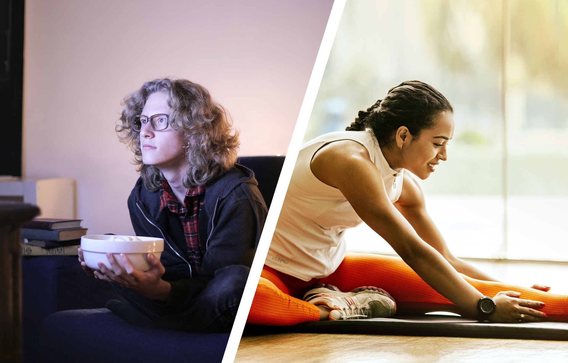 Ilustracja składa się z dwóch zestawionych ze sobą zdjęć. Na zdjęciu po lewej stronie widoczny jest młody mężczyzna siedzący po turecku na granatowej sofie i trzymający  w dłoniach białą miskę z popcornem. Ma długie, jasne, lekko kręcone włosy, okulary korekcyjne, jest ubrany w koszulę w kratę, granatową bluzę z kapturem zapinaną na zamek. Mężczyzna patrzy przez siebie, a jego twarz jest oświetlona. Na zdjęciu po prawej stronie widoczna jest młoda kobieta w sportowym stroju ćwicząca na macie. Kobieta ma długie, ciemne włosy splecione w warkocz, jest ubrana w kremową koszulkę bez rękawów i pomarańczowe legginsy. Jej lewa noga jest wyprostowana, a prawa noga zgięta. Kobieta prawą stopą dotyka uda lewej nogi. Jest pochylona, ma wyprostowane ręce, którymi dotyka łydki lewej nogi.