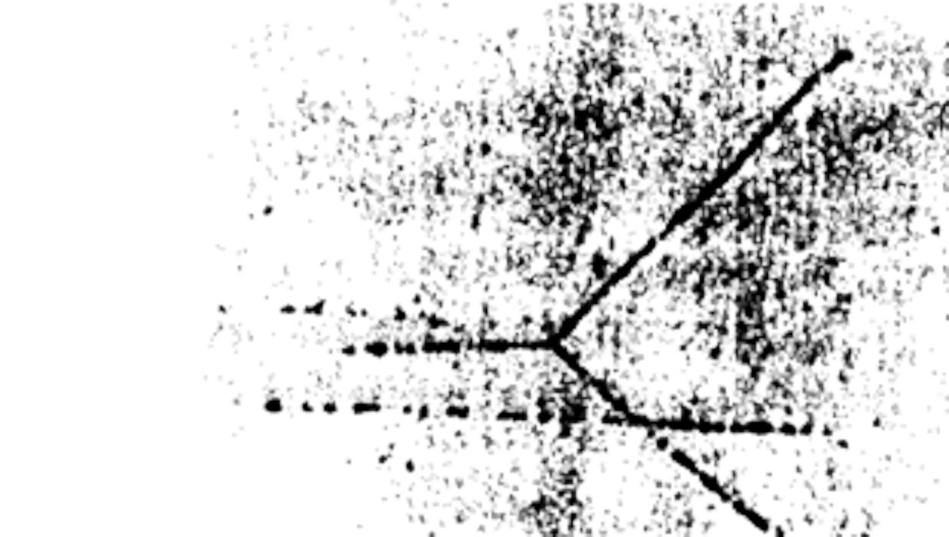 Rys. a. Rysunek przedstawia tory ruchu zderzających się ze sobą dwóch protonów. Tory te przyjmują kształt litery Y na białym pokropkowanym tle.