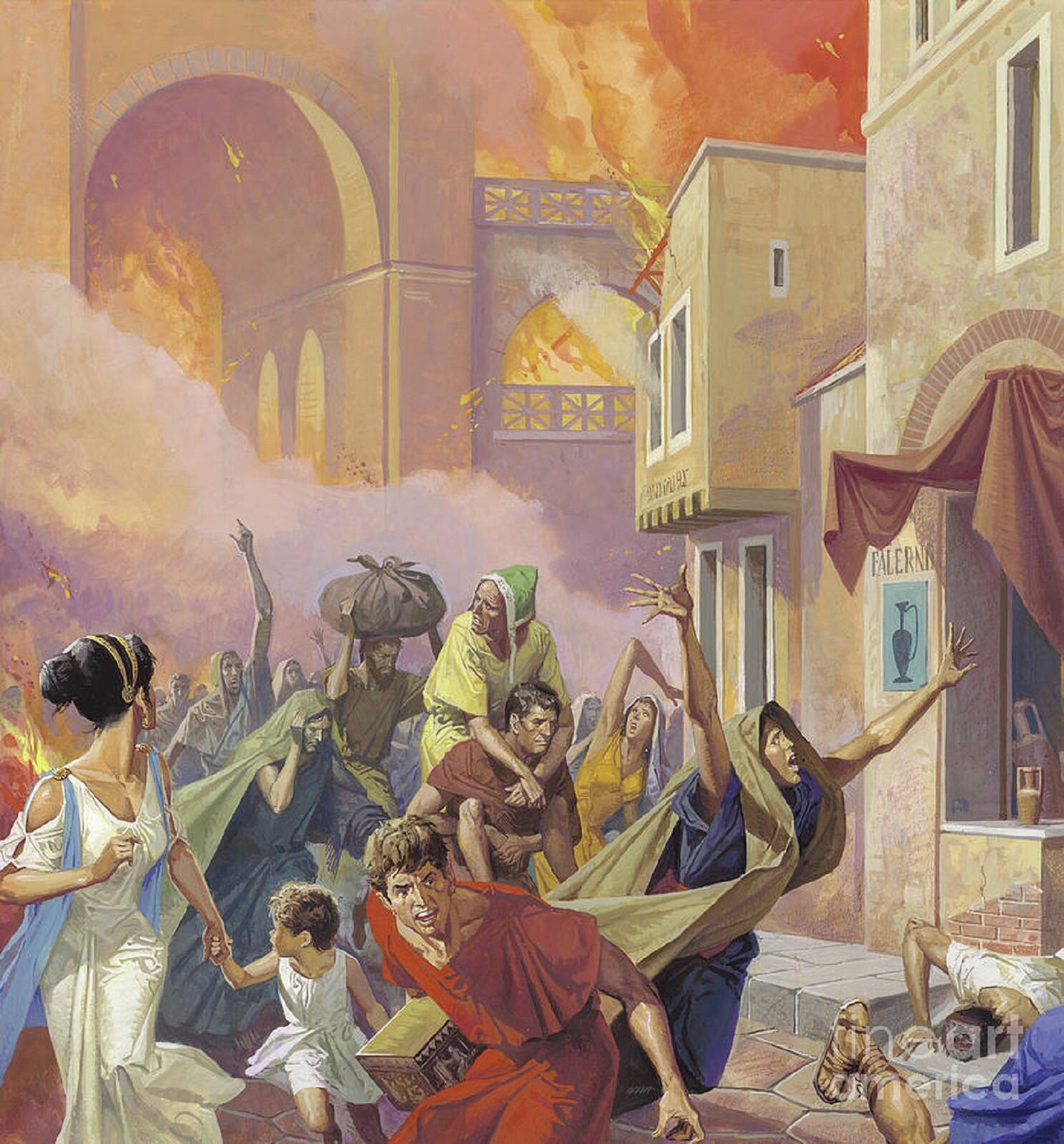 Ilustracja przedstawia obraz „Ucieczka przed wielkim pożarem Rzymu w 64 r. n.e.”, którego autorem jest Severino Baraldi. Na obrazie znajduje się tłum ludzi- kobiety, dzieci, mężczyźni. Ubrani są w różnokolorowe szaty. W tle jest zabudowa miejska, która się pali.