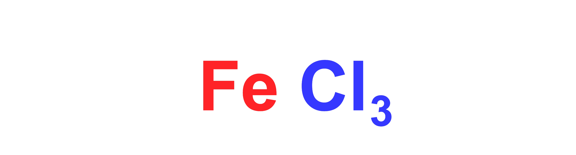 Na ilustracji przedstawiony jest wzór sumaryczny chlorku żelaza(<math aria‑label="trzy">III) FeCl3. Kolorem czerwonymi zapisano symbol żelaza (Fe), a kolorem niebieskim zapisano symbol chloru (Cl) oraz trójkę w indeksie dolnym.