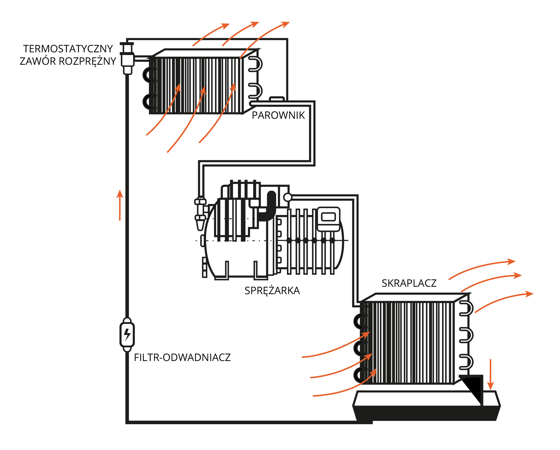 Przedstawiona ilustracja ukazuje element układu chłodniczego, w którym centralnym punktem jest sprężarka. Na rysunku w dolnej części widoczny jest skraplacz w kształcie sześcianu, który jest połączony rurą ze sprężarką, a strzałki na rysunku wskazują kierunek przepływu czynnika chłodzącego. Następnie rura ze sprężarki prowadzi czynnik do parownika, który również jest zaznaczony strzałkami wskazującymi kierunek przepływu czynnika chłodzącego. Na końcu układu znajduje się zawór rozprężny, który jest regulowany przez termostatyczny układ sterowania.