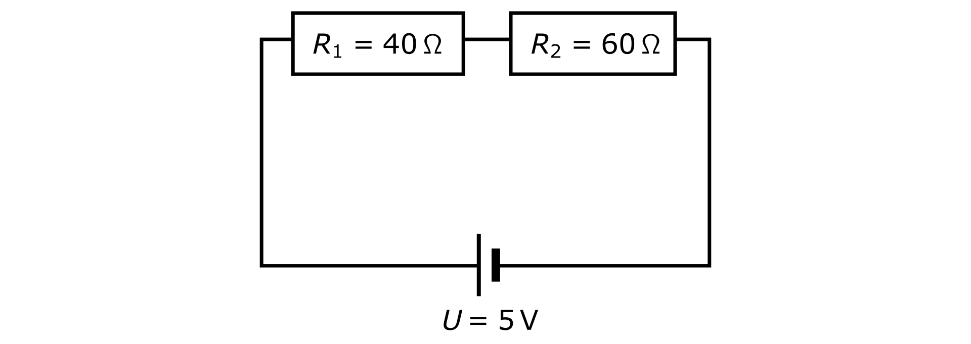 Ilustracja przedstawia schemat połączenia szeregowego. Obwód prostokątny. Na środku dolnego boku symbol źródła napięcia, z biegunem dodatnim z lewej strony a biegunem ujemnym z prawej. Podpisany: U równa się pięć V. Na górnym boku dwa oporniki. Opornik z lewej strony opisany: R z indeksem dolnym jeden równa się czterdzieści omega. Opornik z prawej strony opisany: R z indeksem dolnym dwa równa się sześćdziesiąt omega.
