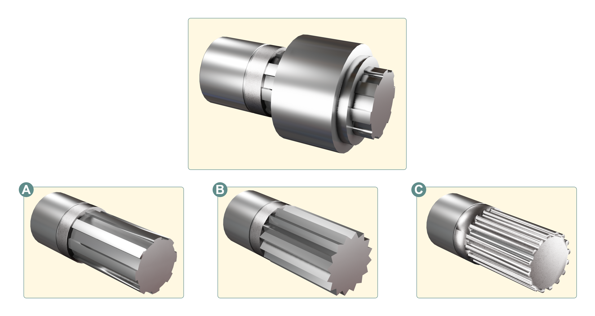 Na ilustracji przedstawione zostały połączenia wielowypustowe. Przedstawione elementy mają kształt przypominający tuleję, jednak z jednej strony ich powierzchnia nie jest gładka. Gładka powierzchnia sanowi około ¼ całego elementu. Jako pierwsze przedstawione zostało połączenie wielowypustowe prostokątne, które z jednej strony posiada wypustki w kształcie długich prostokątów po obwodzie koła. Kolejnym połączeniem jest połączenia wielowypustowe zębate, które z jednej strony posiada wystające trójkątne ząbki po obwodzie koła. Na ostatnim rysunku przedstawione jest połączenie wielowypustowe wielokarbowe, które posiada z jednej strony karbowane małe elementy po obwodzie koła. 