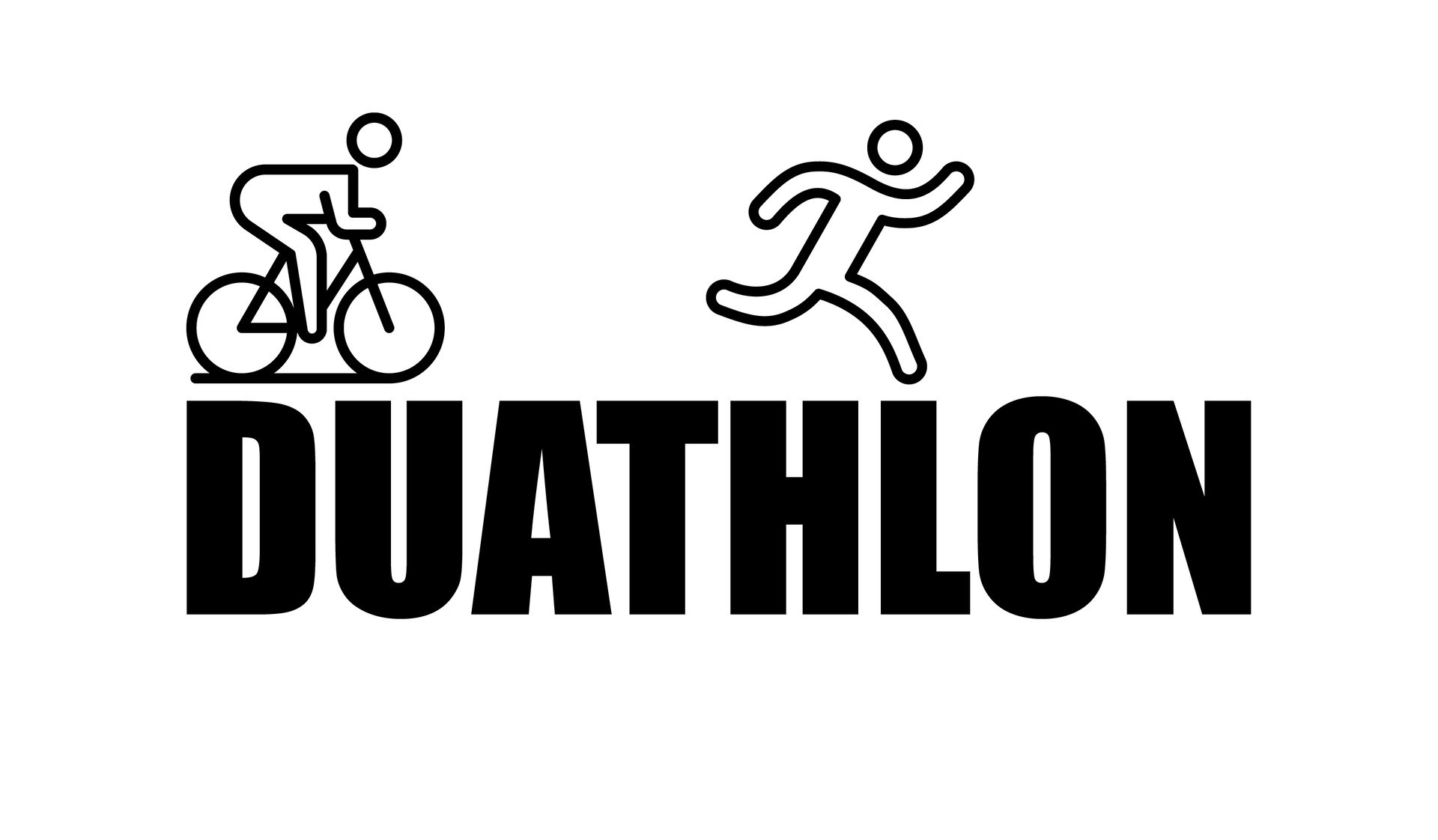Na ilustracji przedstawiono napis duathlon. Nad napisem przedstawiono ikonę człowieka jadącego na rowrze oraz biegnącego.