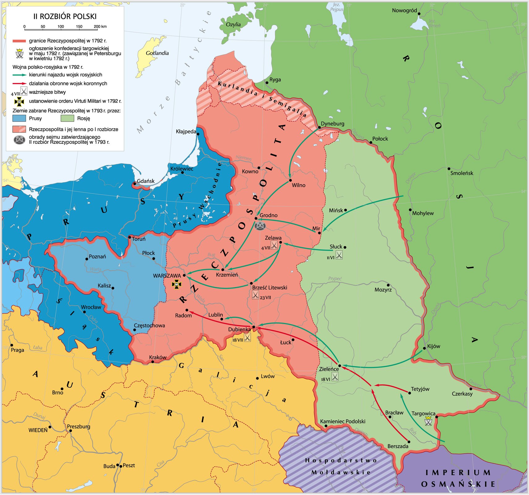 Mapa II rozbioru Polski. Granica Rzeczypospolitej w 1792 r. Obejmowała Wielkopolskę (z Poznaniem i Kaliszem), Małopolskę (z Częstochową i Krakowem), Mazowsze z Płockiem,  Warszawą i Radomiem), Kujawy i Ziemie Dobrzyńska, Gdańsk i okolice, Lubelszczyznę (Lublin), dzisiejsze tereny Litwy (Kowno, Wilno), tereny na północ od rzeki Niemen), tereny dzisiejszej Białorusi (z Mińskiem), tereny dzisiejszej Ukrainy (z Kamieńcem Podolskim, Targowicą). Jej lenno to Kurlandia Semigalia. Ogłoszenie konfederacji targowickiej w maju 1702 (zawiązanej w Petersburgu w kwietniu 1792 r.). Wojna polsko‑rosyjska w 1792 r. Rosjanie uderzyli z czterech kierunków: z Dyneburgu, z terenów na północ od Mohylewa, z Kijowa, z terenów na południe od Targowicy. Ostatni kierunek skupił się na terenie na zachód od Tetyjowa. Wojska z Kijowa uderzyły na Zieleńce, następnie Dubieńka i Lublin. Wojska z terenów na północ od Mohylewa uderzyły na Mir, a następnie Grodno, z którego na Krzemień. Jednocześnie stoczyły bitwę w Słucku, skąd natarły na Zelawę. Z Zelawy na Krzemień i Brześć Litewski, a z tych dwóch miast na Warszawę. Wojska z Dyneburgu na Wilno, a następnie na Grodno. Działanie obronne wojsk koronych to z Berszady i Tetujowa do Zieleńca, następnie Dubieńki i Radomia. Ważniejsze bitwy: Zieleńce 18.06, Dubieńka 18.07, Brześć Litewski 23.07, Słuck 11.06, Zelawa 4.07. W 1792 r. ustanowiono order Virtuti Militari. Ziemie zabrane Rzeczypospolitej w 1793 r. przez Prusy: Wielkopolska, Pomorze (Toruń), Mazowsze (Płock i okolice), Małopolska (Częstochowa), Gdańsk i okolice. Ziemie zabrane przez Rosję: dzisiejsze tereny Białorusi (Mińsk) i Ukrainy (Kamieniec Podolski).