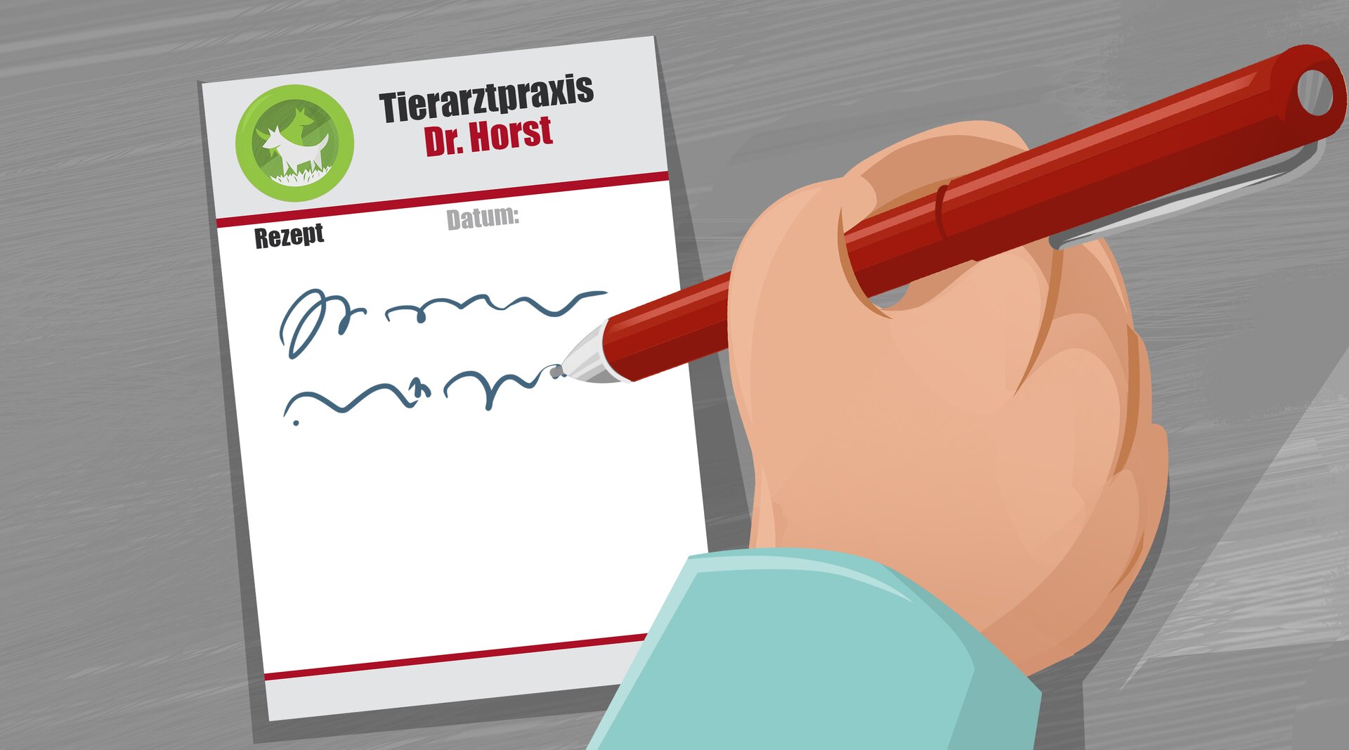 Na ilustracji znajduje się dłoń weterynarza, która przepisuje lekarstwa.