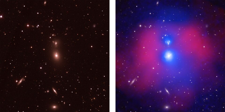 Po lewej stronie jest zdjęcie nocnego nieba w świetle widzialnym. Na czarnym tle widać kilka świecących na biało punktów. Po prawej stronie jest zdjęcie tego samego obszaru nieba w promieniowaniu rentgenowskim i świetle widzialnym. Oprócz tych samych świecących na biało punktów, w centralnej części znajduje się rozciągnięty pionowo obszar niebieski, a od lewej i prawej strony otaczają go obszary w kolorze czerwonym.