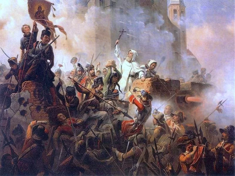 Kliknij, aby powiększyć Obraz przedstawia szturm na mury klasztoru. Obrońcy walczą w zwarciu z najeźdźcami. Wszyscy są uzbrojeni: w halabardy, szpady, muszkiety. Tną, strzelają do siebie. Wśród żołnierzy są zakonnicy uzbrojeni w muszkiety. Jeden z nich trzyma wysoko krzyż i krzyczy do obrońców. Na jednej z chorągwi powiewa wizerunek Matki Boskiej.