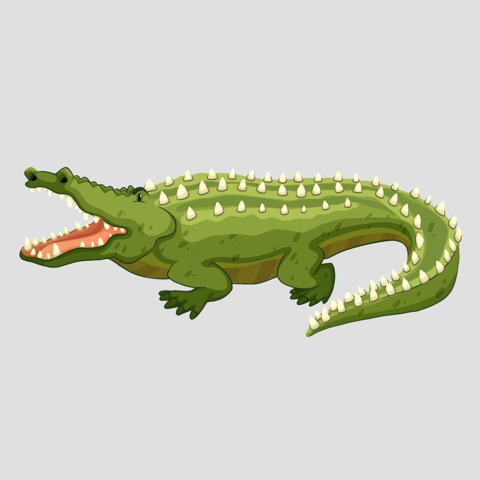 Ilustracja przedstawia zielonego krokodyla, z otwartym pyskiem, z którego wystają białe zęby. Wzdłuż ciała na grzbiecie wyrastają mu białe łuski.