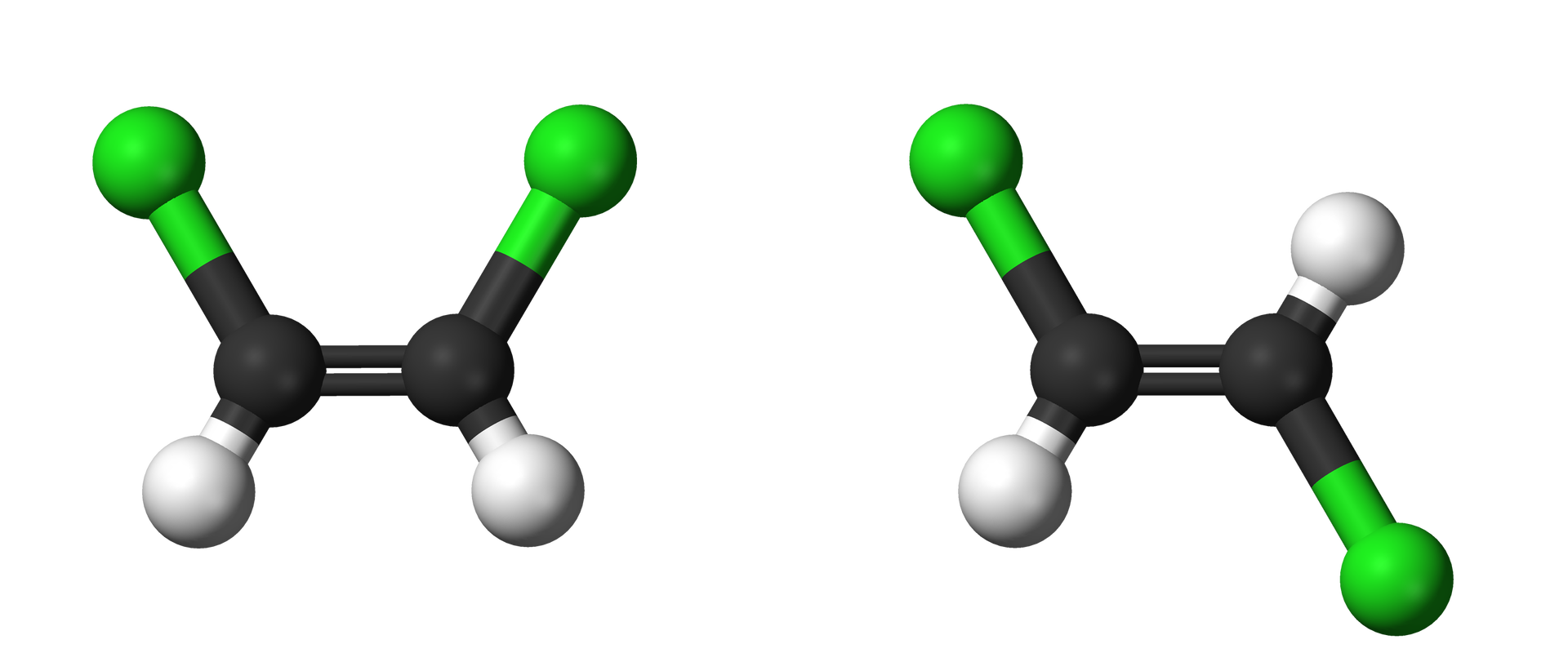 Na rysunku przedstawiono cis-1,2-dichloroeten, trans-1,2-dichloroeten. Cząsteczka cis-1,2-dichloroetenu składa się z dwóch atomów węgla połączonych ze sobą wiązaniem podwójnym oraz dwóch atomów chloru i dwóch atomów wodoru. Atomy węgla na rysunku ułożone są poziomo. Do atomów węgla za pomocą wiązań pojedynczych przyłączone są po jednym atomie wodoru i chloru. Atomy chloru znajdują się nad atomami węgla, a atomy wodoru pod atomami węgla. Cząsteczka trans-1,2-dichloroetenu składa się z dwóch atomów węgla połączonych ze sobą wiązaniem podwójnym oraz dwóch atomów chloru i dwóch atomów wodoru. Atomy węgla na rysunku ułożone są poziomo. Do atomów węgla za pomocą wiązań pojedynczych przyłączone są po jednym atomie wodoru i chloru. Atom chloru przyłączony do lewego atomu węgla znajduje się nad atomem węgla, a atom chloru przyłączony do prawego atomu węgla znajduje się pod atomem węgla. 