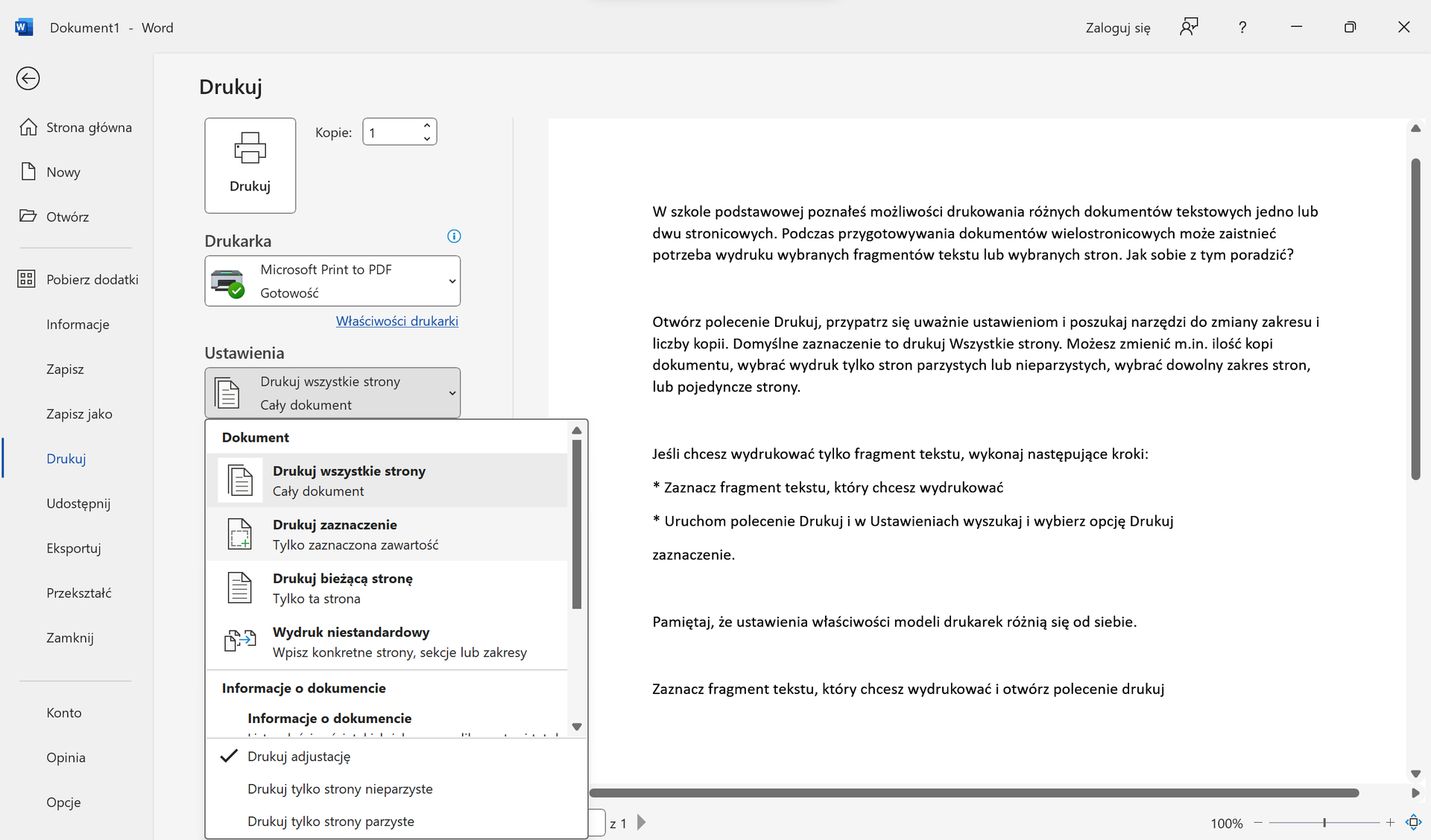 Na zrzucie znajduje się zakładka Drukuj programu Microsoft Word. Sekcja Ustawienia. Zamień Drukuj wszystkie strony na Drukuj zaznaczenie. Po prawej stronie jest podgląd wydruku.