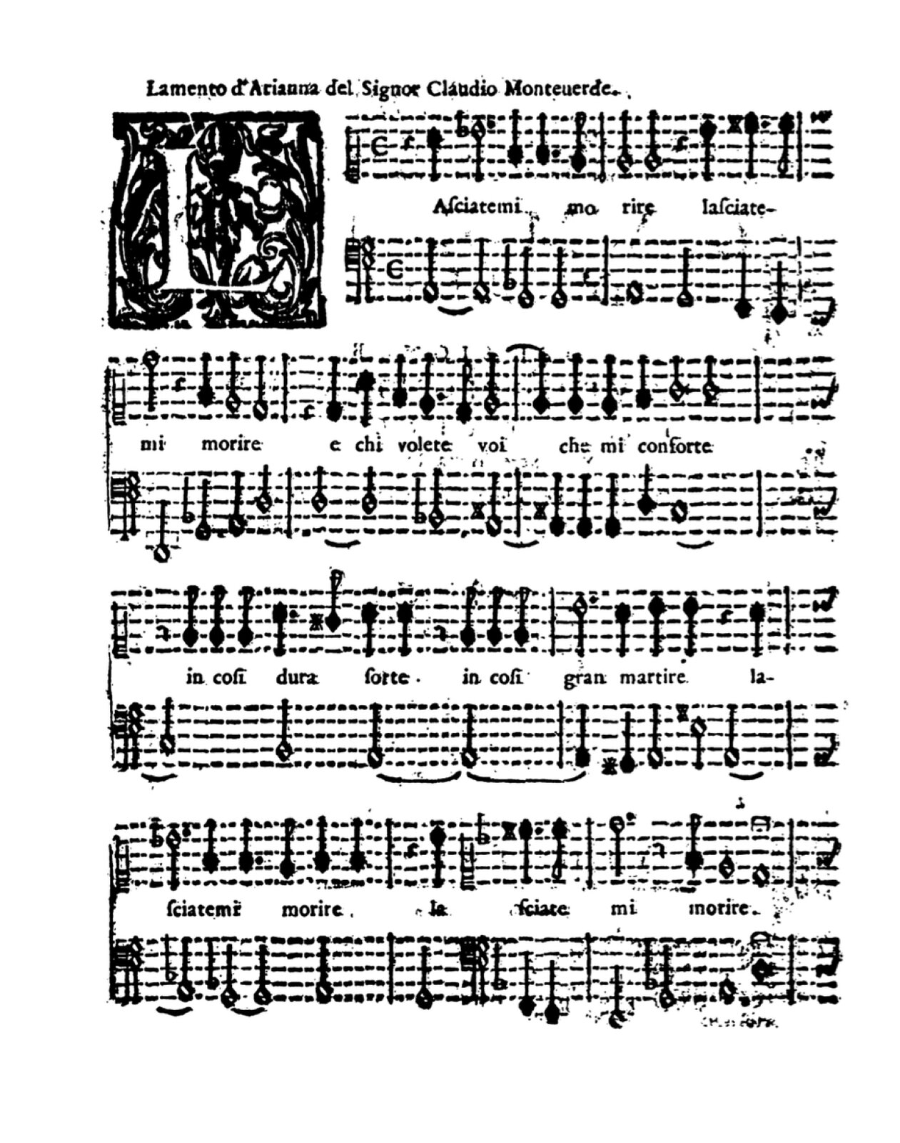 Ilustracja przedstawia zapis nutowy wykorzystujący notację białą menzuralną, czarnym tuszem na białym tle. Na pięciolinii znajdują się nuty w postaci kółek - zamalowanych lub nie - z kreskami, bez dodatkowych ogonków. Pod nutami jest zapisany tekst. Zaznaczono także inicjał w ramce z wzorami w środku.