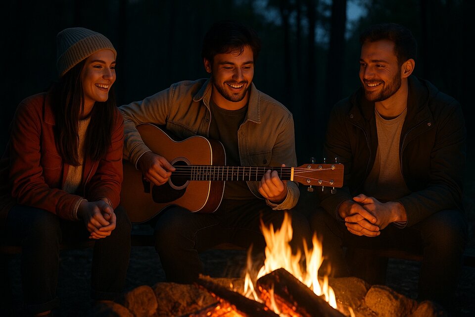 Zdjęcie przedstawia trzy uśmiechnięte osoby siedzą w nocy przy ognisku w lesie. Mężczyzna pośrodku gra na gitarze. Ogień jasno świeci i ogrzewa przyjaciół. Panuje tam miła i spokojna atmosfera.