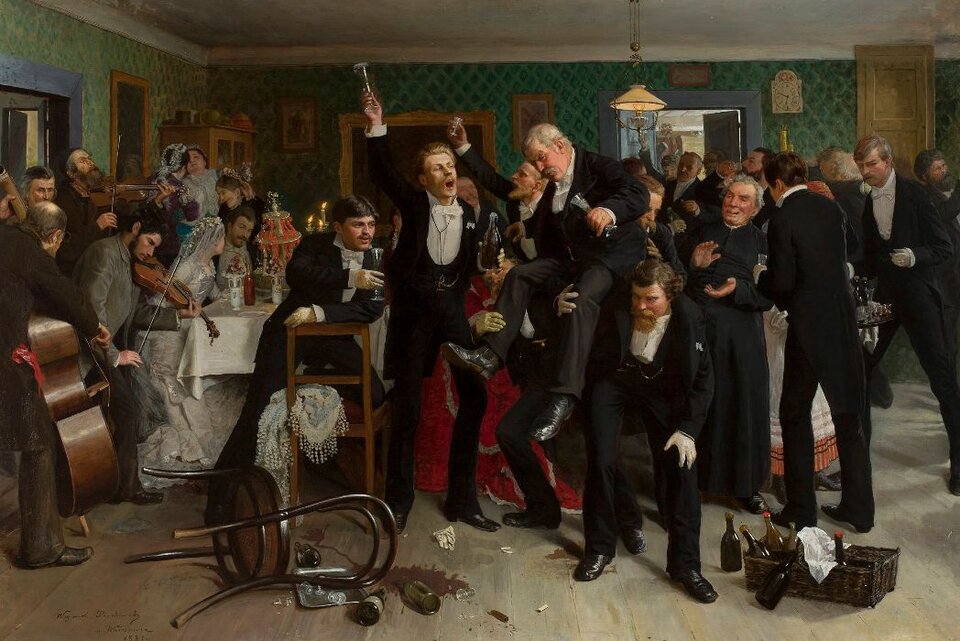 Obraz przedstawia wnętrze pokoju, w którym odbywa się wesele. Na pierwszym planie ukazani są mężczyźni w surdutach i frakach. Mężczyźni śpiewają, wznoszą toast. Po lewej stronie znajdują się muzycy przygrywający na instrumentach weselnikom. Na drugim planie znajduje się stół, przy którym siedzi młoda para. Wokół niej  zgromadzeni są goście weselni.
