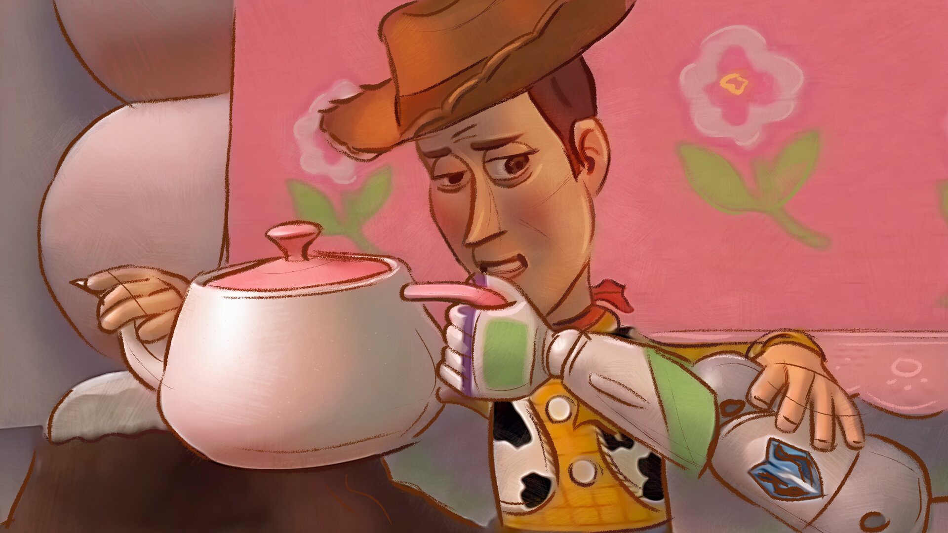 Rysunek przedstawiający postać trzymającą jasny czajnik. Postać ta ma na sobie brązowy kapelusz o szerokim rondzie, żółtą koszulę w kratę oraz białą kamizelkę w czarne łaty. Ma pociągłą twarz oraz spiczasty nos. Prawą dłonią dotyka szyjki jasnoróżowego czajnika o szyjce oraz uchwycie w kolorze ciemniejszego różu. Rączka czajnika trzymana jest przez rękę innej postaci. Tło stanowi różowy materiał w kwiatki oraz fragment pomieszczenia. 