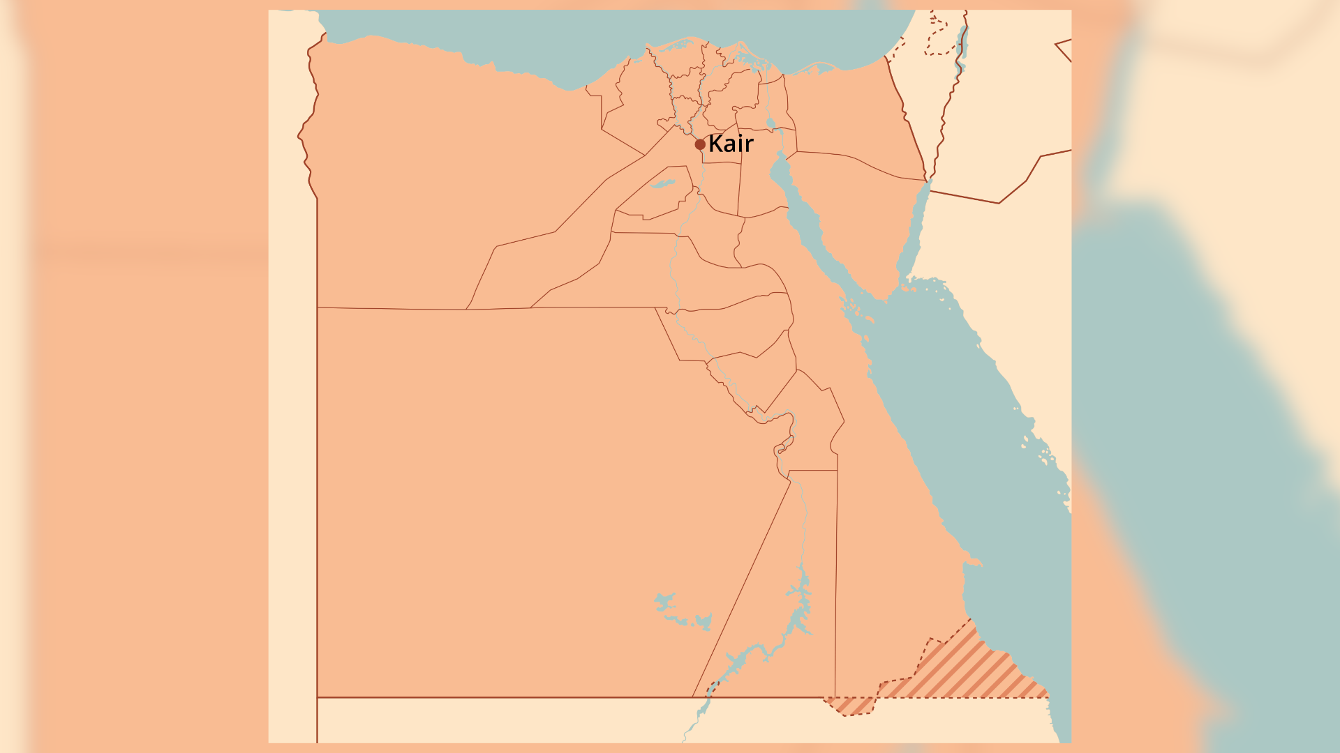Mapa przedstawia współczesny Egipt. Jego stolica Kair znajduje się na północy kraju. 