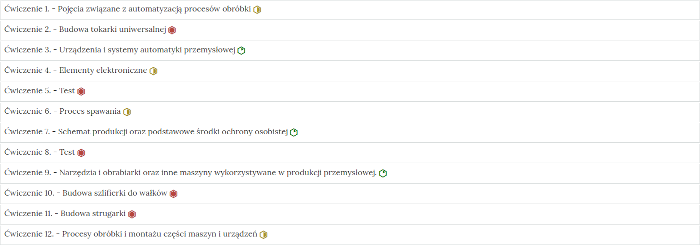 Przykładowy wygląd zakładek zawierających interaktywne materiały sprawdzające