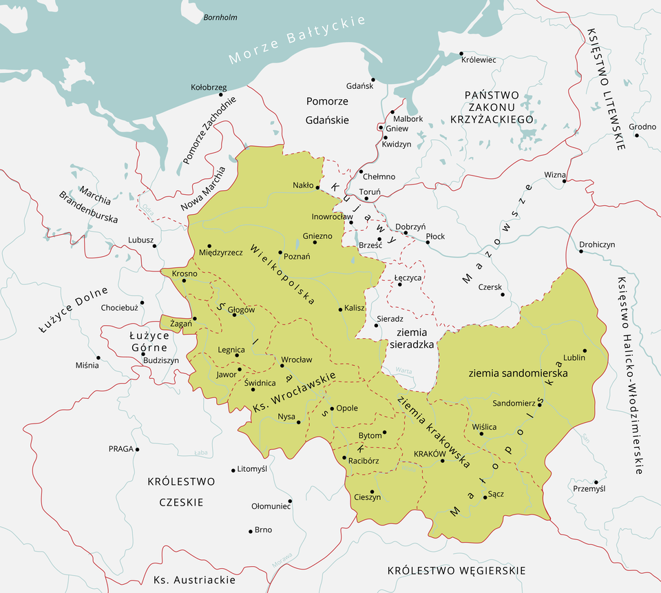 Na mapie oznaczono następujące rejony Wielkopolska i  Małopolska, Księstwo Wrocławskie, Ziemia Sandomierska  i Ziemia Krakowska. 