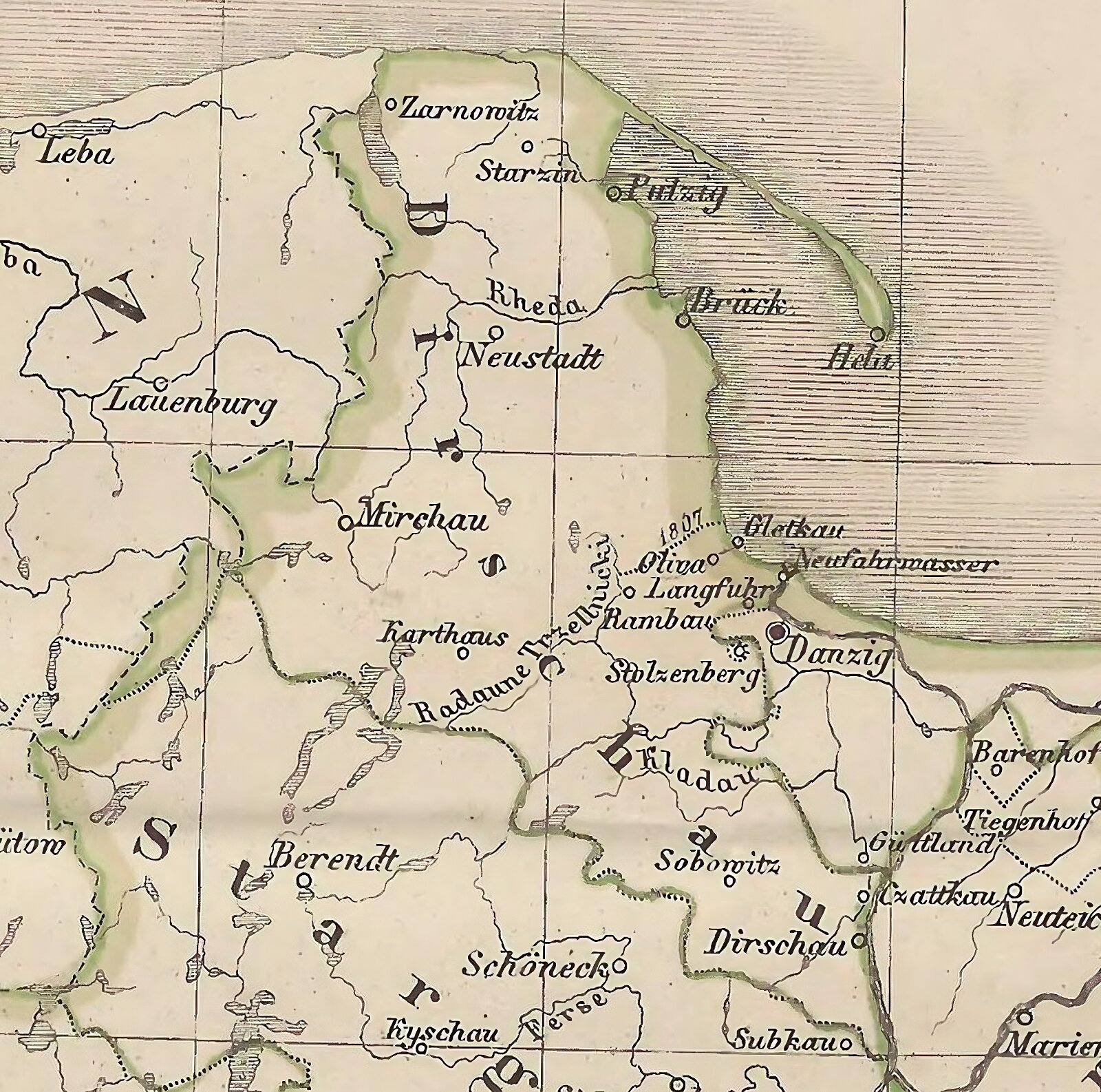 Zdjęcie przedstawia mapę powiatu tczewskiego (Dirschau) w granicach państwa pruskiego w latach 1772–1818. Powiat graniczył od południa z powiatem stargardzkim (Stargard), od wschodu z powiatem malborskim (Marienburg), a od północnego–wschodu z Wolnym Miastem Gdańsk (Danzig), którego granice obowiązywały w latach 1807–1814. Granice powiatów i Wolnego Miasta Gdańska oznaczono na mapie kolorem zielonym. Widoczne są m.in. następujące miejscowości w północnej części powiatu: Zarnowitz (Żarnowiec), Starzin (Starzyno), Putzig (Puck), Brück (Mosty), Hela (Hel) i Neustadt (Wejherowo). W centralnej części powiatu widoczne są m.in.: Mirschau (Mirachowo), Karthaus (Kartuzy), Stolzenberg (Chełm), Langfuhr (Wrzeszcz), Rambau (Rębowo), Oliva (Oliwa) i Neufahrwasser (Nowy Port). Tczew położony jest nad Wisłą w południowo–wschodniej części powiatu. Obok niego w tej części powiatu są widoczne: Sobowitz (Sobowidz) i Czattkau (Czatkowy).
