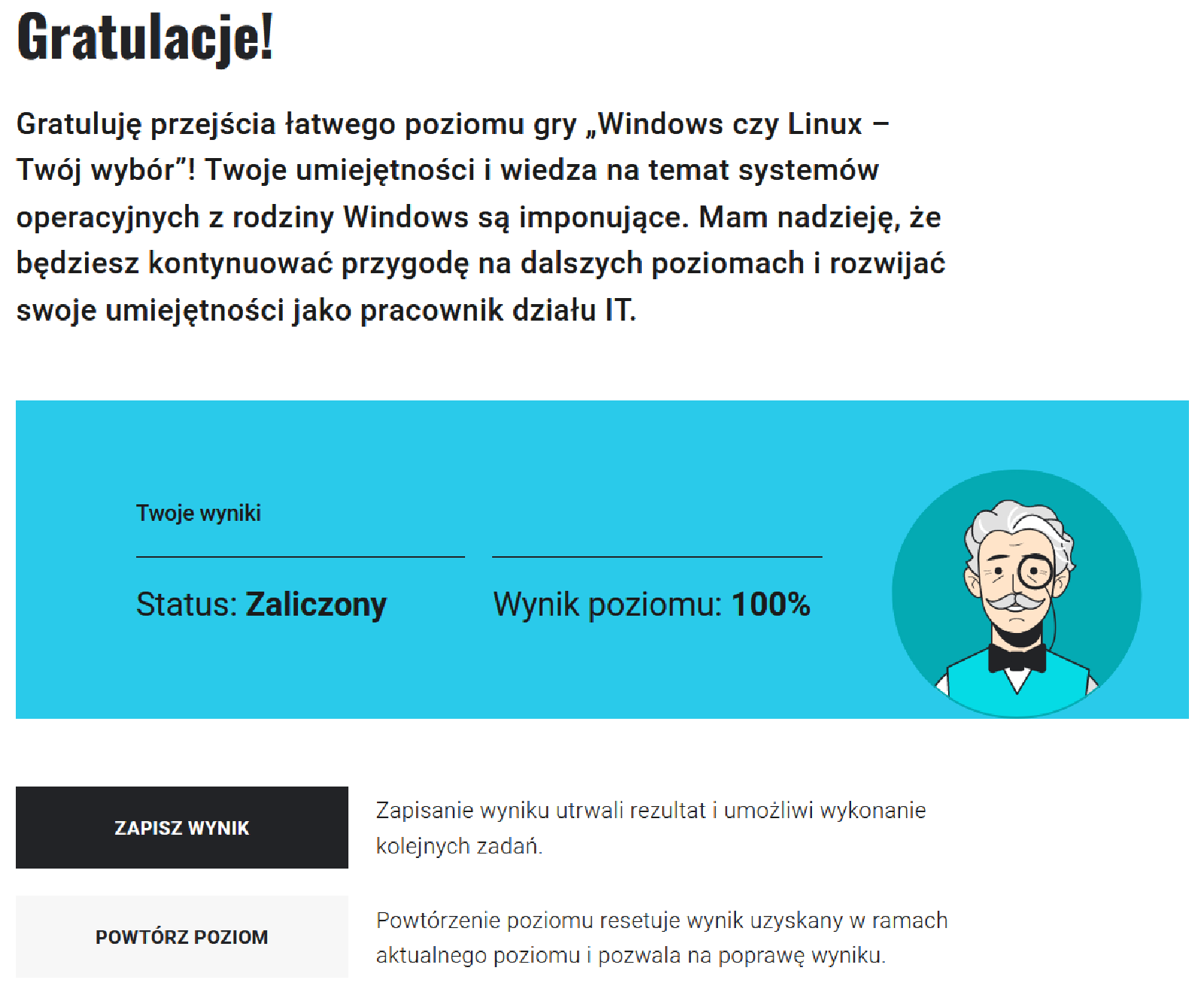 Wynik gry edukacyjnej. Poniżej znajdują się przyciski: zapisz wynik oraz powtórz poziom.