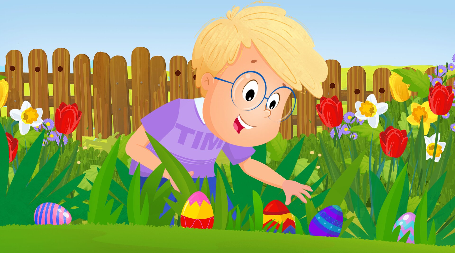 Na ilustracji znajduje się chłopiec szukający pisanek w ogrodzie..