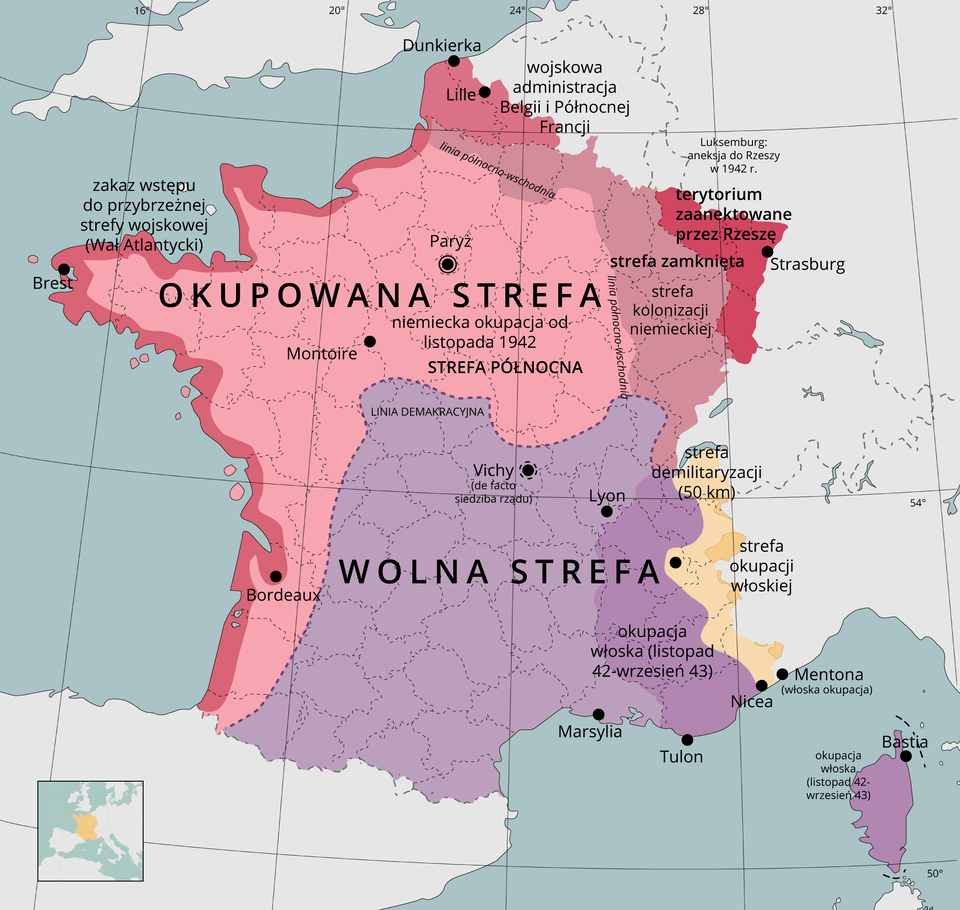 Mapa przedstawia Francję. Niemiecka okupowana strefa od listopada 1942 roku obejmowała północną i zachodnią Francję z Paryżem, Montoire, Bordeaux . Wojskowa administracja Belgii i Północnej Francji obejmowała Dunkierkę, Lille, Brest oraz Wał Atlantycki z zakazem wstępu do przybrzeżnej strefy wojskowej. Strefa zamknięta, czyli strefa kolonizacji niemieckiej to była linia północno wschodnia. Terytorium zaanektowane przez Rzeszę to Strasburg. Wolna Strefa obejmowała południową Francję z Vichy, Lyonem, Marsylią. Okupacja włoska od listopada 1942 do września 1943 roku obejmowała Tulon na wybrzeżu oraz Korsykę. Strefa demilitaryzacji i okupacji włoskiej obejmowała Niceę i Mentonę.