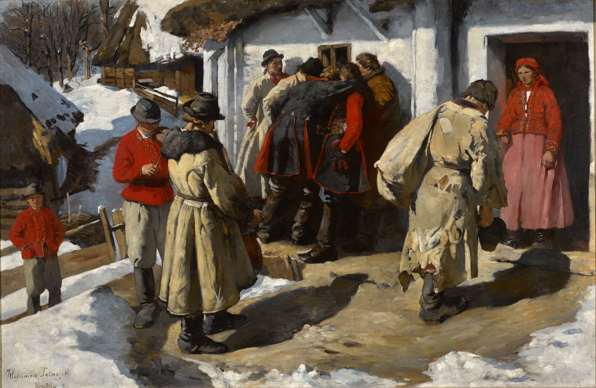 Ilustracja ukazuje dziesięć postaci przed białą chatą, podzielonych na trzy grupy. W otwartych drzwiach chaty, na progu stoi kobieta, ubrana w długą czerwoną spódnicę i czerwoną kamizelę; na głowie ma czerwoną chustę. Zbliża się do niej mężczyzna – dziad – ubrany w długi, brunatny, łatany płaszcz. Na lewym ramieniu ma zarzucony worek, w prawej ręce trzyma kapelusz. Tuż za nim znajdują się dwaj grajkowie. Jeden z nich ubrany jest w długi, brunatny płaszcz z futrzanym kołnierzem, długie, czarne buty i czarny kapelusz. Zwrócony do widza bokiem gra na basetli – instrumencie smyczkowym, zbliżonym do wiolonczeli. Na lewo od niego stoi skrzypek. Ubrany jest w czerwoną katanę i brązowe spodnie, wpuszczone w długie buty; na głowie ma czarny kapelusz. Na lewo od kobiety, tuż przy ścianie stoi grupa parobków, zaglądających przez okno do chaty. Ubrani są w charakterystyczne, odświętne stroje krakowskich chłopów. Po prawej stronie obrazu stoi chłopiec w czerwonej katanie, brązowych spodnich i czarnym kapeluszu. Scena rozgrywa się w nasyconym słońcem, zimowym pejzażu wsi. Na lewo od białej chaty, w oddali, ukazane zostały dwie, drewniane chaty o dachu krytym strzechą i zasypanym warstwą śniegu. Na najdalszym planie artysta namalował grupę drzew pozbawionych liści.