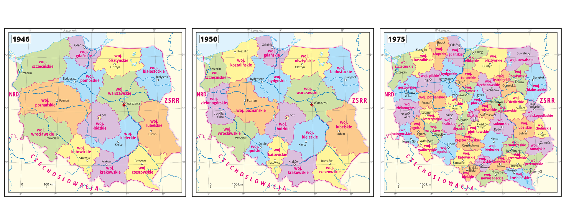 Ilustracja przedstawia trzy mapy ukazujące podziały administracyjne Polski w tysiąc dziewięćset czterdziestym szóstym roku, w tysiąc dziewięćset pięćdziesiątym roku i w tysiąc dziewięćset siedemdziesiątym piątym roku. Województwa oznaczono kolorami i opisano. Opisano państwa sąsiadujące z Polską. Na każdej mapie zapisano rok. Ilość województw w kolejnych latach zwiększała się. Wszystkie trzy mapy pokryte są równoleżnikami i południkami. Dookoła map w ramce opisano współrzędne geograficzne co dwa stopnie.Na mapie z tysiąc dziewięćset czterdziestego szóstego roku wypisane są następujące województwa szczecińskie, gdańskie, olsztyńskie, białostockie, poznańskie, pomorskie, warszawskie, wrocławskie, łódzkie, kieleckie, lubelskie, katowickie, krakowskie, rzeszowskie. Na mapie z tysiąc dziewięćset pięćdziesiątego roku wypisane są następujące województwa szczecińskie, koszalińskie, gdańskie, olsztyńskie, białostockie, zielonogórskie, poznańskie, bydgoskie, warszawskie, wrocławskie, łódzkie, kieleckie, lubelskie, opolskie, katowickie, krakowskie, rzeszowskie. Na mapie z tysiąc dziewięćset siedemdziesiątego piątego roku, wypisane są następujące województwa szczecińskie, koszalińskie, słupskie, gdańskie, elbląskie, olsztyńskie, suwalskie, gorzowskie, piłskie, bydgoskie, toruńskie, ciechanowskie, ostrołęckie, łomżyńskie, białostockie, zielonogórskie, poznańskie, konińskie, włocławskie, płockie, skierniewickie, warszawskie, siedleckie, białopodlaskie, łódzkie, jeleniogórskie, legnickie, wrocławskie, kaliskie, sieradzkie, piotrkowskie, kieleckie, tarnobrzeskie, zamojskie, wałbrzyskie, opolskie, katowickie, krakowskie, tarnowskie, rzeszowskie, przemyskie, bielskie, nowosądeckie, krośnieńskie.