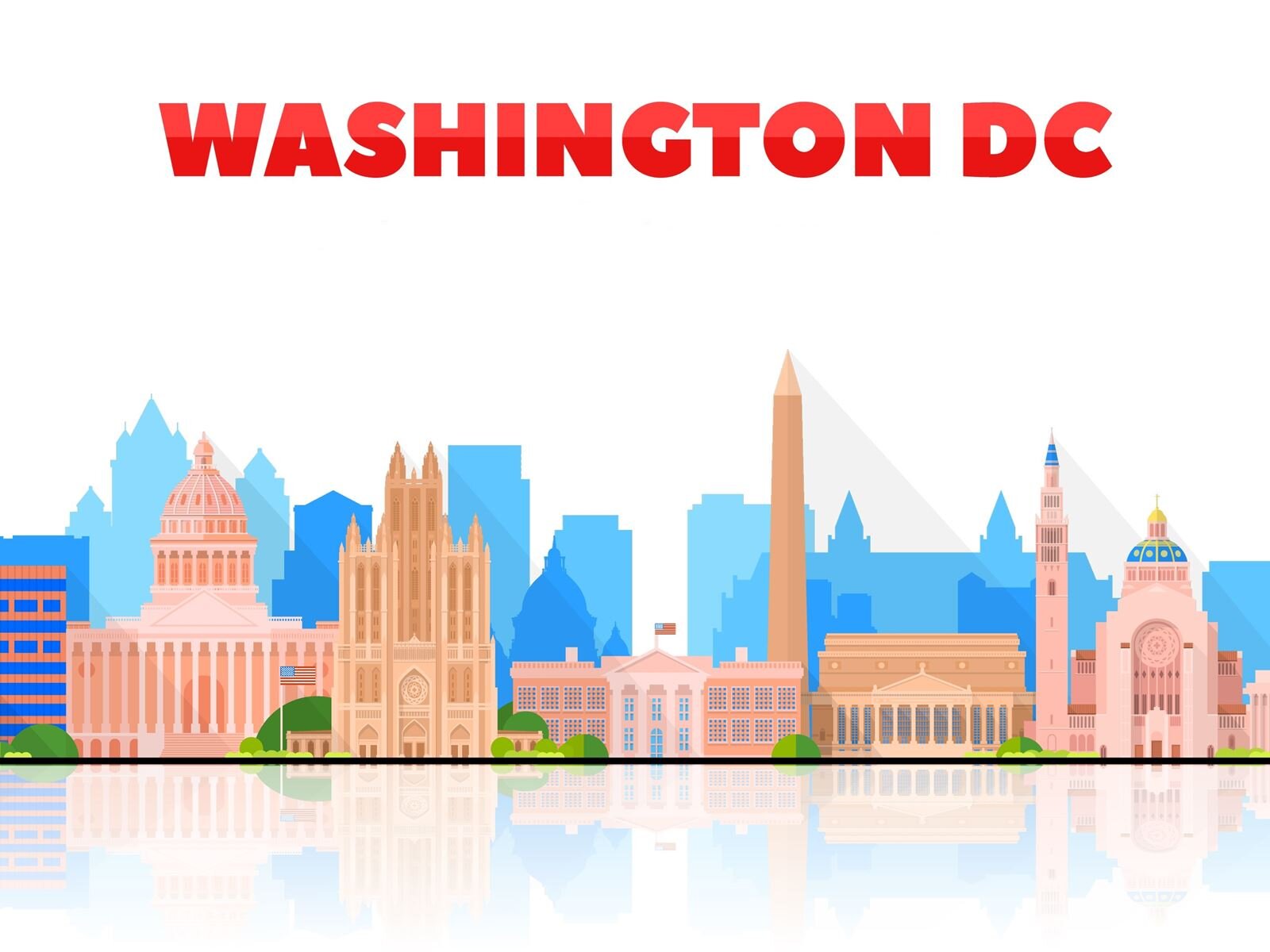 Ilustracja przedstawia rysunkową panoramę miasta z charakterystycznym budynkiem Kapitolu. Nad miastem góruje napis w języku angielskim WASHINGTON DC