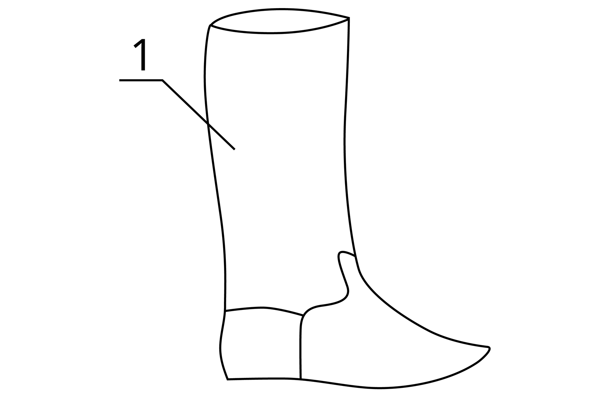 Grafika przedstawia schemat buta podzielonego na trzy części: obcas, przód i wysoką cholewę. Od niej odchodzi strzałka oznaczona numerem jeden.