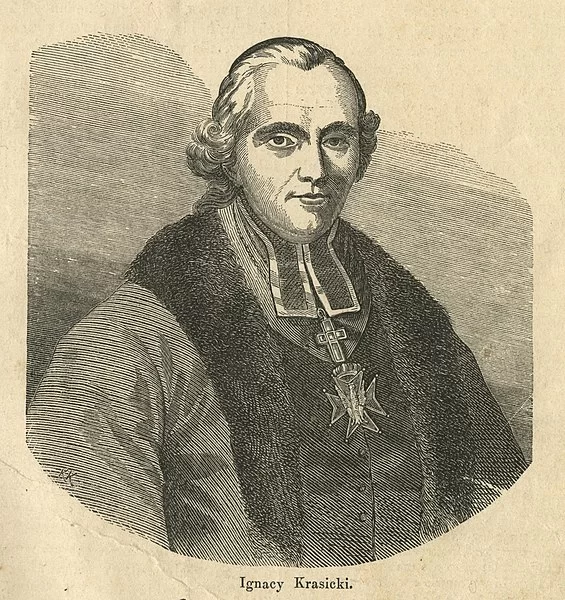 Ilustracja przedstawia portret mężczyzny. Siedzi on na krześle jest ubrany w sutannę, na piersiach ma krzyż zawieszony na łańcuchu. Na głowie perukę z epoki. Jest to młody , tęgi mężczyzna.