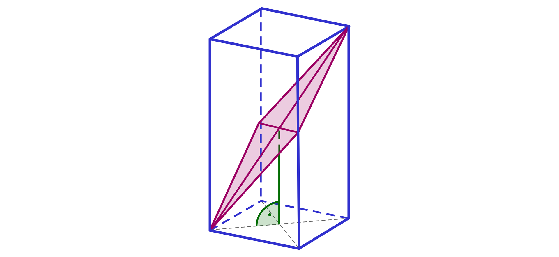 Ilustracja przedstawia graniastosłup prawidłowy czworokątny. Przecięto go płaszczyzną w kształcie rombu o kącie ostrym, nachyloną do podstawy graniastosłupa. Odcinek łączący punkt przecięcia przekątnych rombu i punkt przecięcia przekątnych podstawy graniastosłupa jest prostopadły do podstawy graniastosłupa.