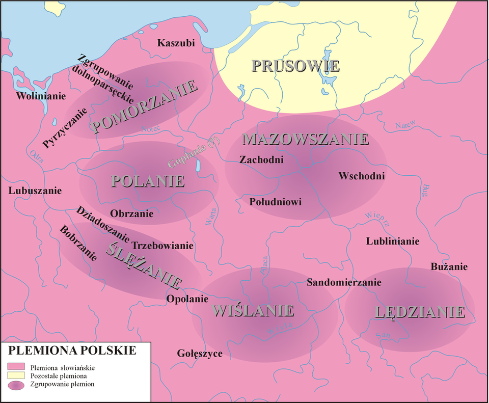 Mapa przedstawia obszar Polski, na którym zaznaczono występowanie plemion słowiańskich: Pomorzanie, Polanie, Ślężanie, Wiślanie, Lędzianie, Mazowszanie. Północno‑wschodnie terytorium zajmują Prusowie.