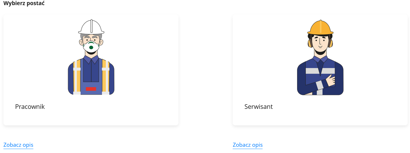Grafika przedstawia panel wyboru roli. Widoczne są dwie ilustracje przedstawiające pracowników – ich twarze oraz część tułowia. Są to: pracownik oraz serwisant. Poniżej, do każdej z ról, przypisana jest opcja Pokaż opis.