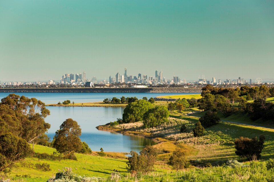 Na zdjęciu znajduje się miasto Melbourne ujęte ze znacznej odległości. Na pierwszym planie widoczny jest teren zielony z drzewami. Dalej, po drugiej stronie akwenu widać miasto. Składa się ono głównie z wysokich drapaczy chmur.