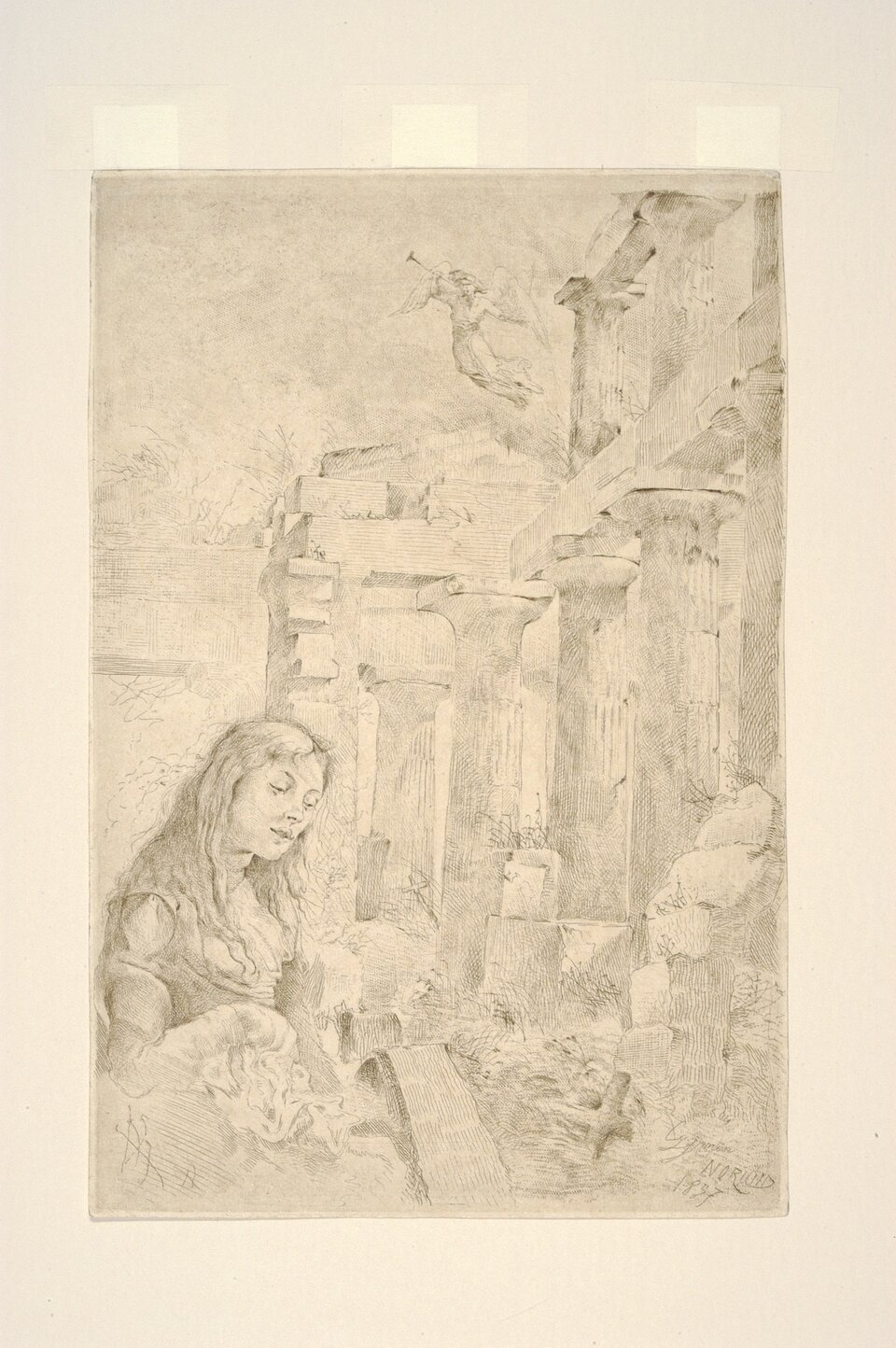 Obraz przedstawiający kobietę modlącą się przed dużym grobowcem. W górze widać postać anioła grającego na trąbie.