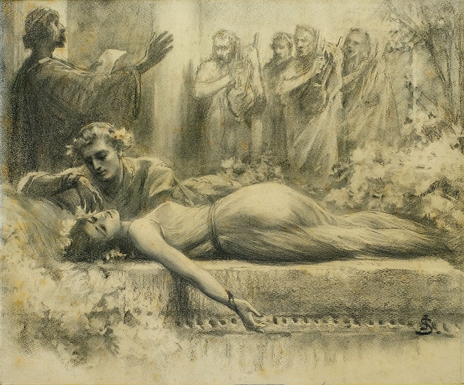 Ilustracja przedstawia czarno-białą grafikę Jana Styki pt. „Śmierć Petroniusza i Eunice”. Na pierwszym planie znajduje się łoże, na którym spoczywają kobieta i mężczyzna.. Kobieta ubrana jest w zwiewną długą suknię. Ciemne włosy ma ozdobione wiankiem z kwiatów. Jej prawa ręka opada bezwładnie poza łoże. Z nadgarstka sączy się krew. Nad nią pochyla się mężczyzna. Na ręce, którą kieruje w stronę ukochanej, widać przecięte żyły. Łoże ozdobione jest pękami kwiatów. Na drugim planie, za łożem, stoi grupa mężczyzn z instrumentami muzycznymi. Dyryguje nimi stojący w rogu pomieszczenia człowiek w długiej szacie z papirusem w dłoni.