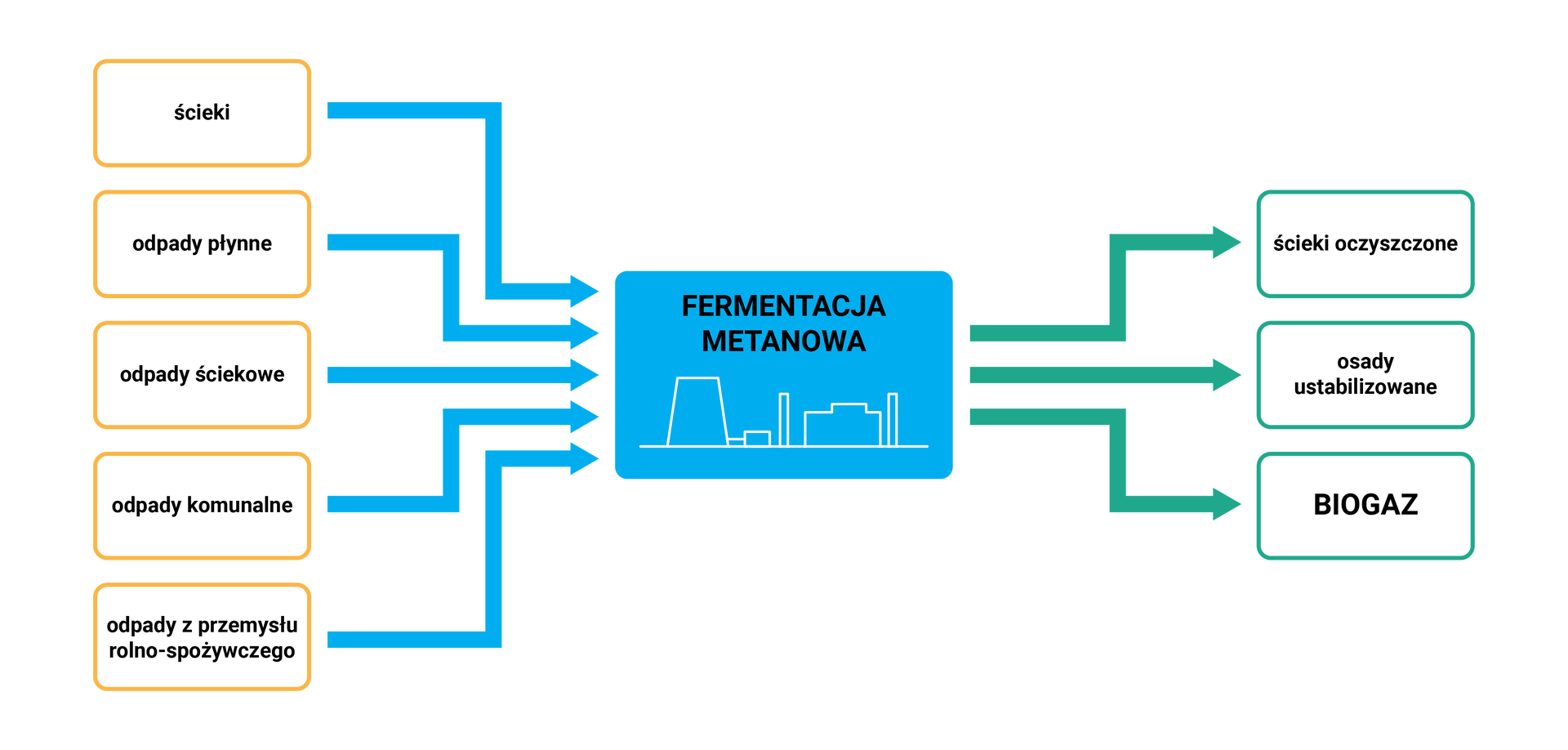 Ilustracja w formie schematu blokowego przedstawia znaczenie fermentacji metanowej. Po lewej stronie znajdują się pomarańczowe prostokąty, oznaczające różne rodzaje odpadów (kolejno: ścieki, odpady płynne, odpady ściekowe, odpady komunalne, odpady z przemysłu rolno‑spożywczego). Za pomocą niebieskich strzałek są doprowadzane do centralnej części schematu, w którym znajduje się niebieski czworokąt z białą sylwetką urządzeń przemysłowych, opisany: fermentacja metanowa. Od niego odchodzą w prawo zielone strzałki do zielonych prostokątów, oznaczających uzyskane efekty (kolejno: ścieki oczyszczone, osady ustabilizowane, biogaz).