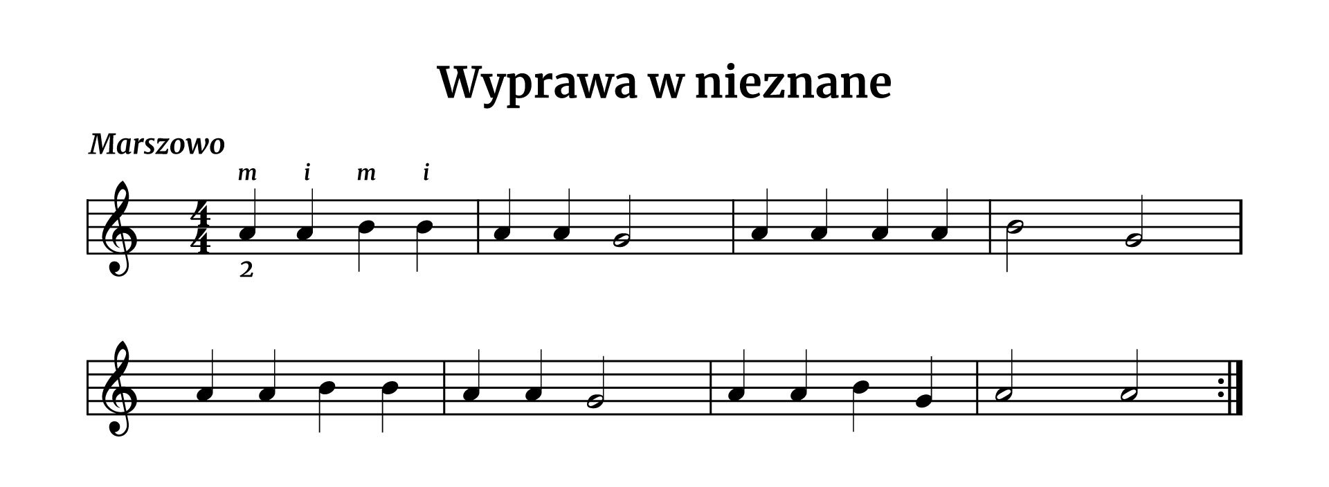 Partytura do utworu „Wyprawa w nieznane” w metrum cztery czwarte w kluczu wiolinowym. Wszystkie dźwięki znajdują się w obrębie oktawy razkreślnej. 
W pierwszym takcie wszystkie dźwięki to ćwierćnuty. Na pierwszą miarę wykonywany jest dźwięk a – dociskany drugim palcem lewej ręki na drugim progu; struna uderzana jest palcem środkowym prawej dłoni. Kolejny dźwięk jest taki sam, jednak uderzany jest za pomocą palca wskazującego. Na miarę trzecią uderzany jest dźwięk h palcem środkowym prawej dłoni, na czwartą ten sam dźwięk, jednak za pomocą palca wskazującego. W drugim takcie na pierwszą i drugą miarę grane są dwie ćwierćnuty a, natomiast na miarę trzecią wykonywana jest półnuta g. W takcie trzecim są cztery ćwierćnuty a. W takcie czwartym na pierwszą miarę grana jest półnuta h, natomiast na miarę trzecią półnuta g. W takcie piątym wszystkie dźwięki to ćwierćnuty – na miarę pierwszą oraz drugą grane jest a, natomiast na miary trzecią oraz czwartą h. W szóstym takcie na pierwszą i drugą miarę grane są dwie ćwierćnuty a, natomiast na miarę trzecią wykonywana jest półnuta g. Na pierwszą oraz drugą miarę w siódmym takcie grane jest a, następnie na miarę trzecią ćwierćnuta h, a na miarę czwartą ćwierćnuta g. W ostatnim, ósmym takcie są dwie półnuty a – na pierwszą oraz na trzecią miarę. Takt zamyka znak repetycji, oznaczający obowiązek powtórzenia utworu od samego początku.